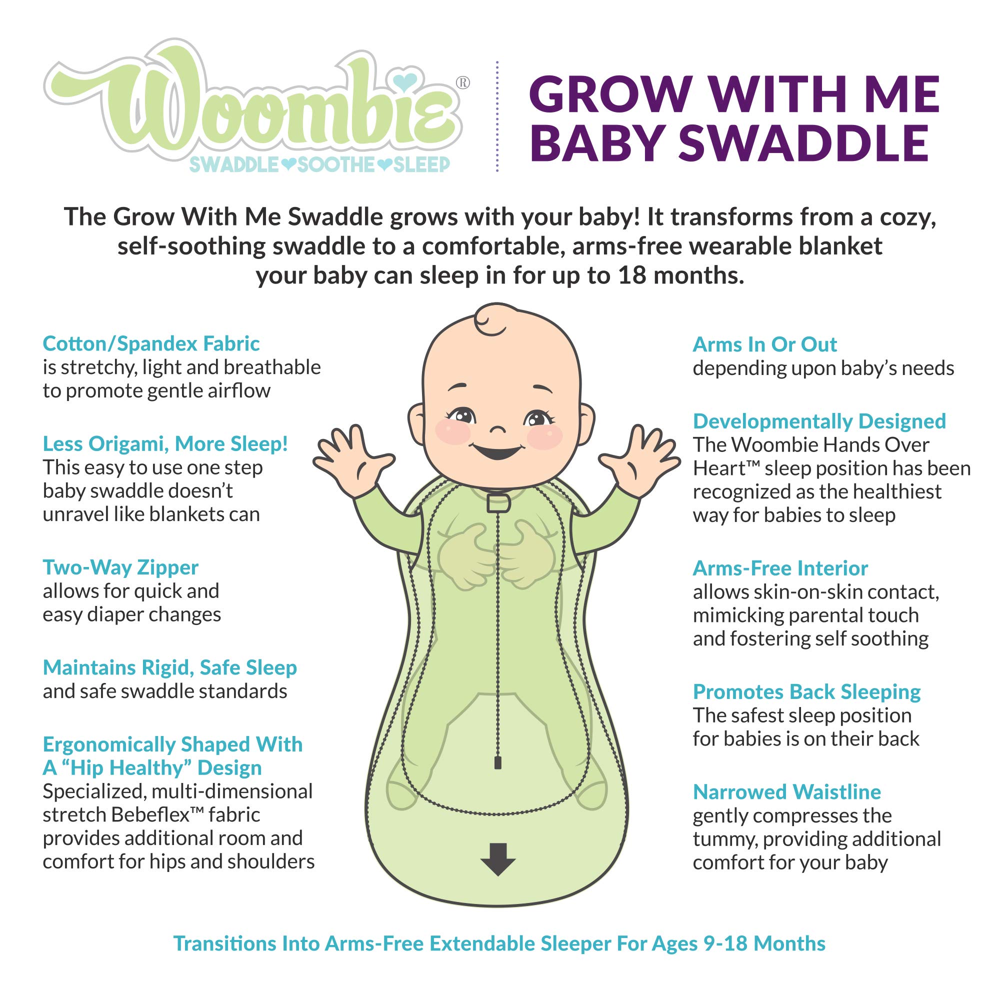 Woombie Grow with Me Baby Swaddle - Convertible Infant Swaddle for 0-9 Months | Expands to Wearable Blanket for Babies Up to 18 Months | Soft & Safe for Boys & Girls | Perfect for Sleeping, Swaddling & Comfort