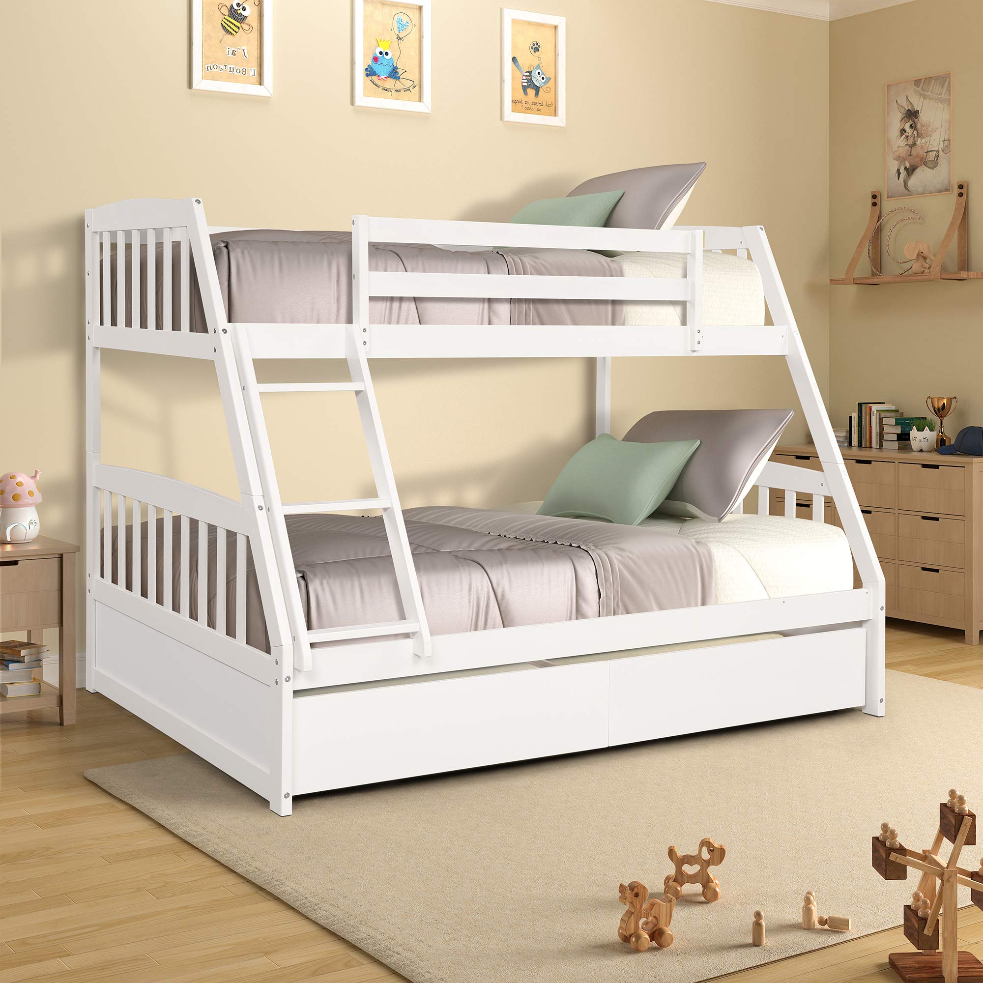 TOPMAX Solid Wood Twin Over Full Bunk Bed with 2 Storage Drawers - White | Space-Saving Kids Bedroom Furniture for Siblings or Sleepovers