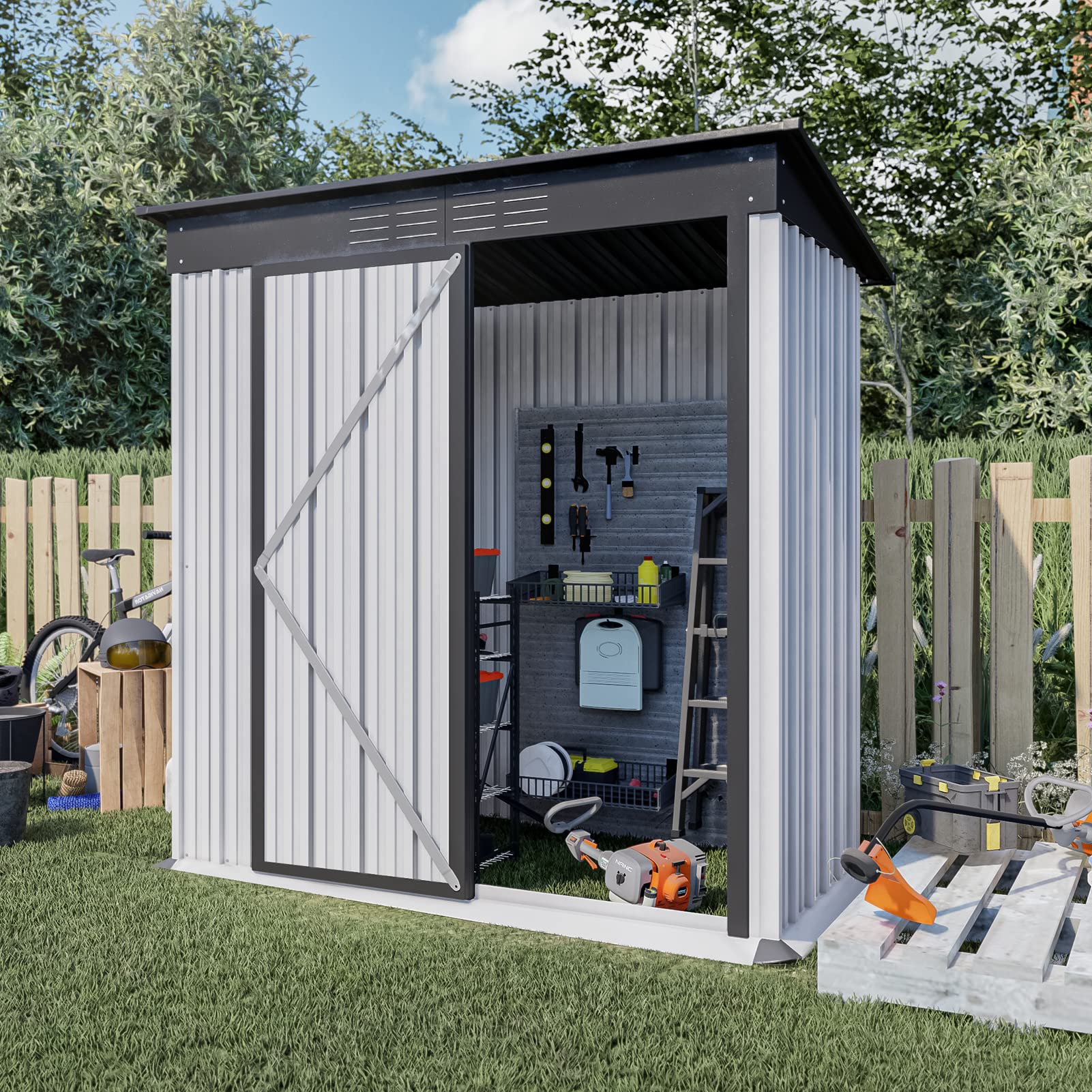 OUYESSIR 5x3 Ft Galvanized Metal Outdoor Storage Shed - Lockable Waterproof Garden Shed with UV Protection for Tools, Lawn Equipment & Backyard Storage (Grey) - Perfect for Courtyard, Patio & Yard Organization