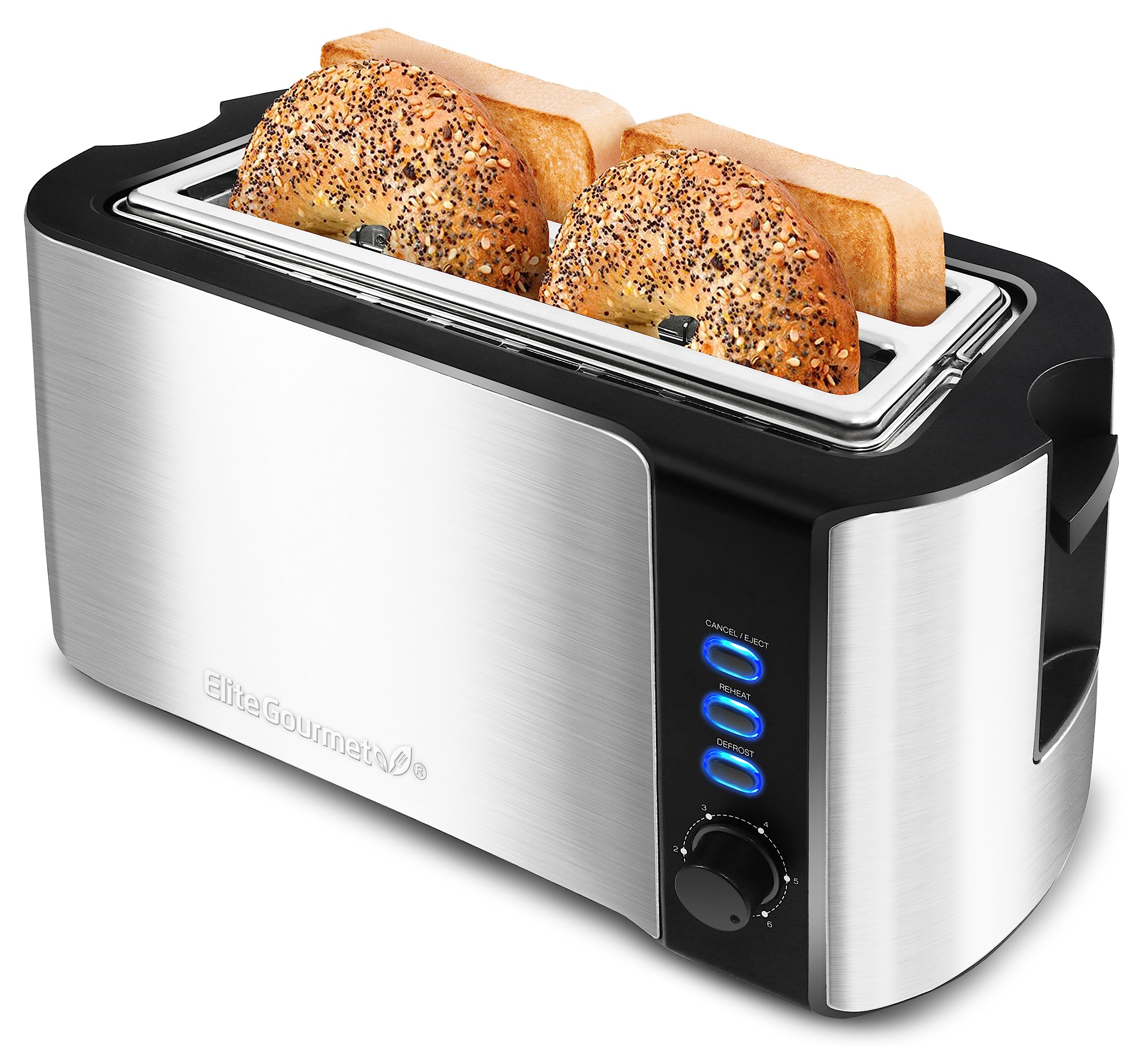 Elite Gourmet ECT-3100 4-Slice Toaster with Extra Wide Slots - 6 Toast Settings, Defrost, Reheat & Cancel Functions - Built-in Warming Rack for Bagels, Waffles & Bread - Stainless Steel & Black Design - Perfect for Breakfast, Brunch & Family Gatherings