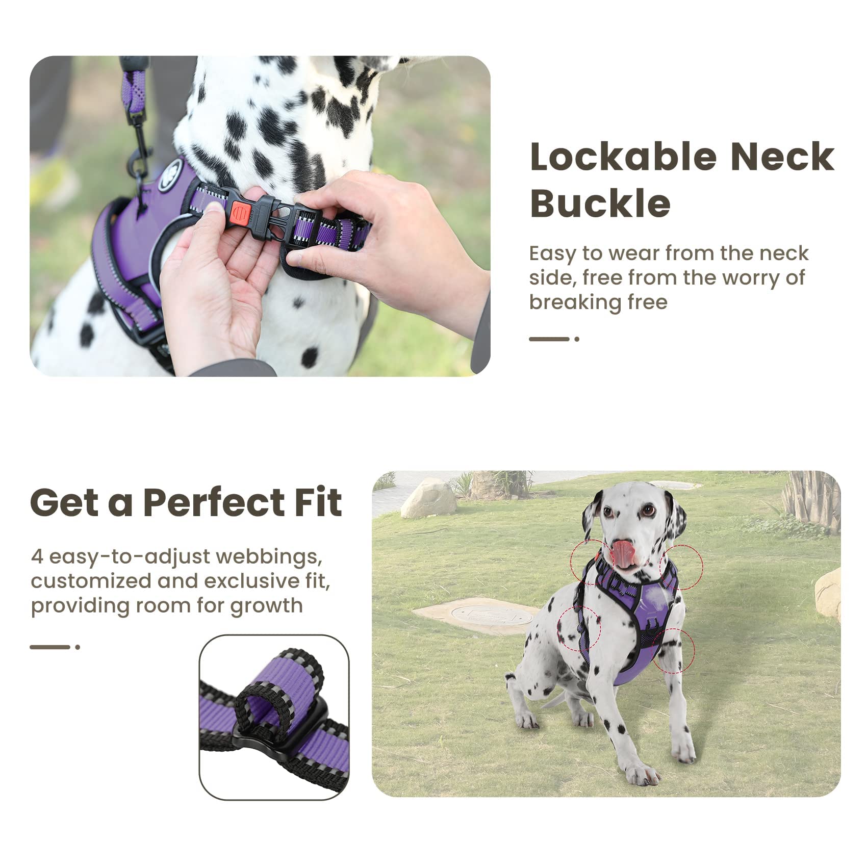 FURRYFECTION No Pull Dog Harness with Reflective Oxford & Padded Handle - Adjustable Pet Vest for Small Medium Large Dogs - 4 Straps & 2 Leash Clips - Choke-Free Design (Purple, XL) - Perfect for Walking, Hiking & Outdoor Adventures