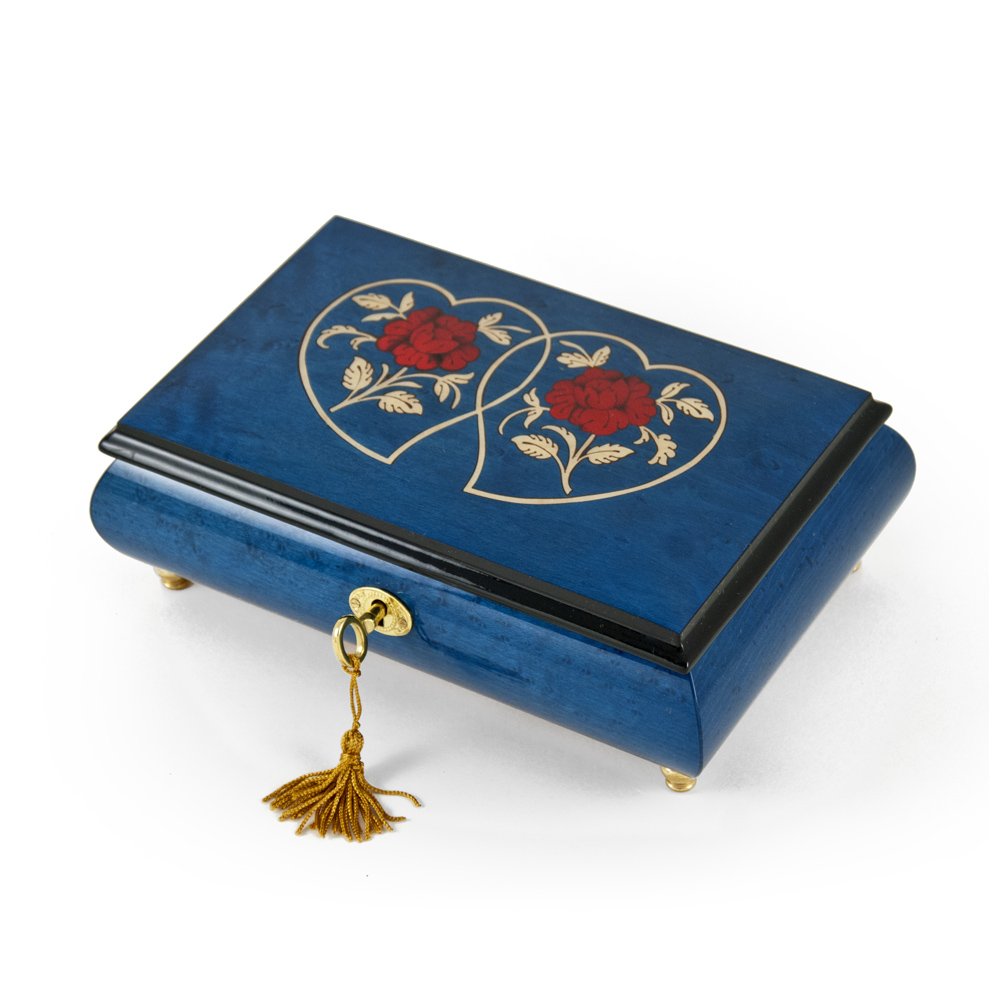 Radiant 30-Note Dark Blue Double Heart Music Jewelry Box with Red Roses Inlay - 'All I Ask of You' Musical Gift for Valentine's Day, Anniversary & Romantic Occasions