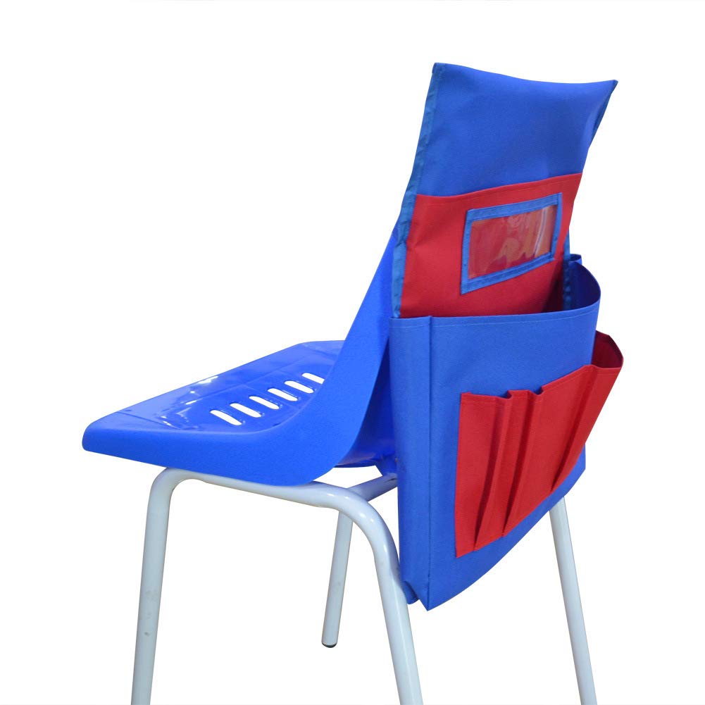 Kids Seat Sack Organizer - Blue & Red Chairback Storage Pockets for School Supplies, Classroom Chairs, and Home Study Use | Perfect for Books, Stationery, and Art Materials