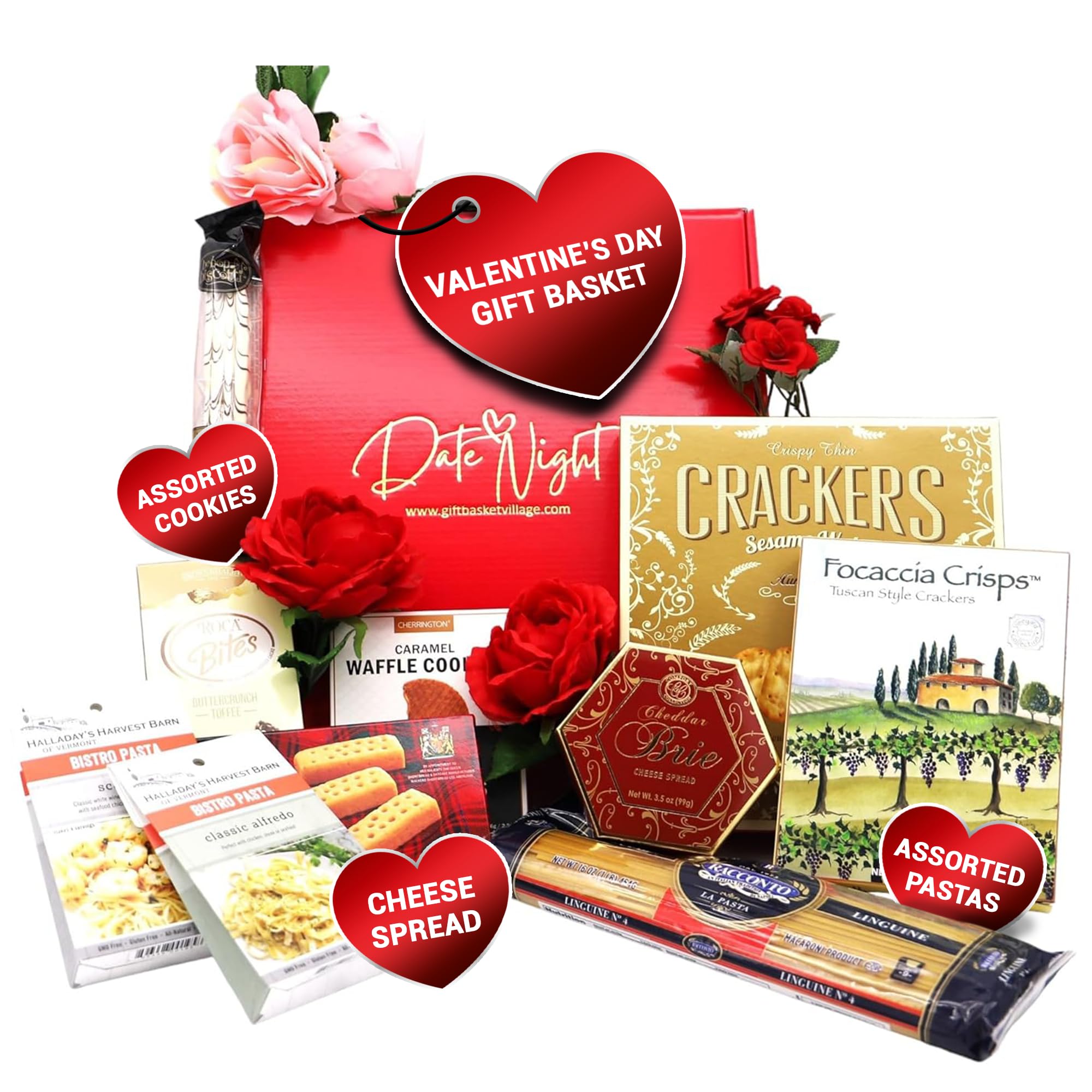 Gourmet Date Night Gift Basket - Premium Pasta, Cheese, Crackers, Cookies & Almond Roca | Valentine's Day & Anniversary Gift Box | Handcrafted with Care | Perfect for Romantic Dinners & Couples Getaways