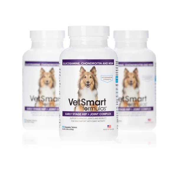 VetSmart Formulas Glucosamine for Dogs - Early Stage Hip & Joint Supplement with Glucosamine, Chondroitin & MSM - Dog Joint Pain Relief & Inflammation Support - Maximum Strength Formula for Active & Senior Dogs - Perfect for Daily Mobility Support & Post-Exercise Recovery