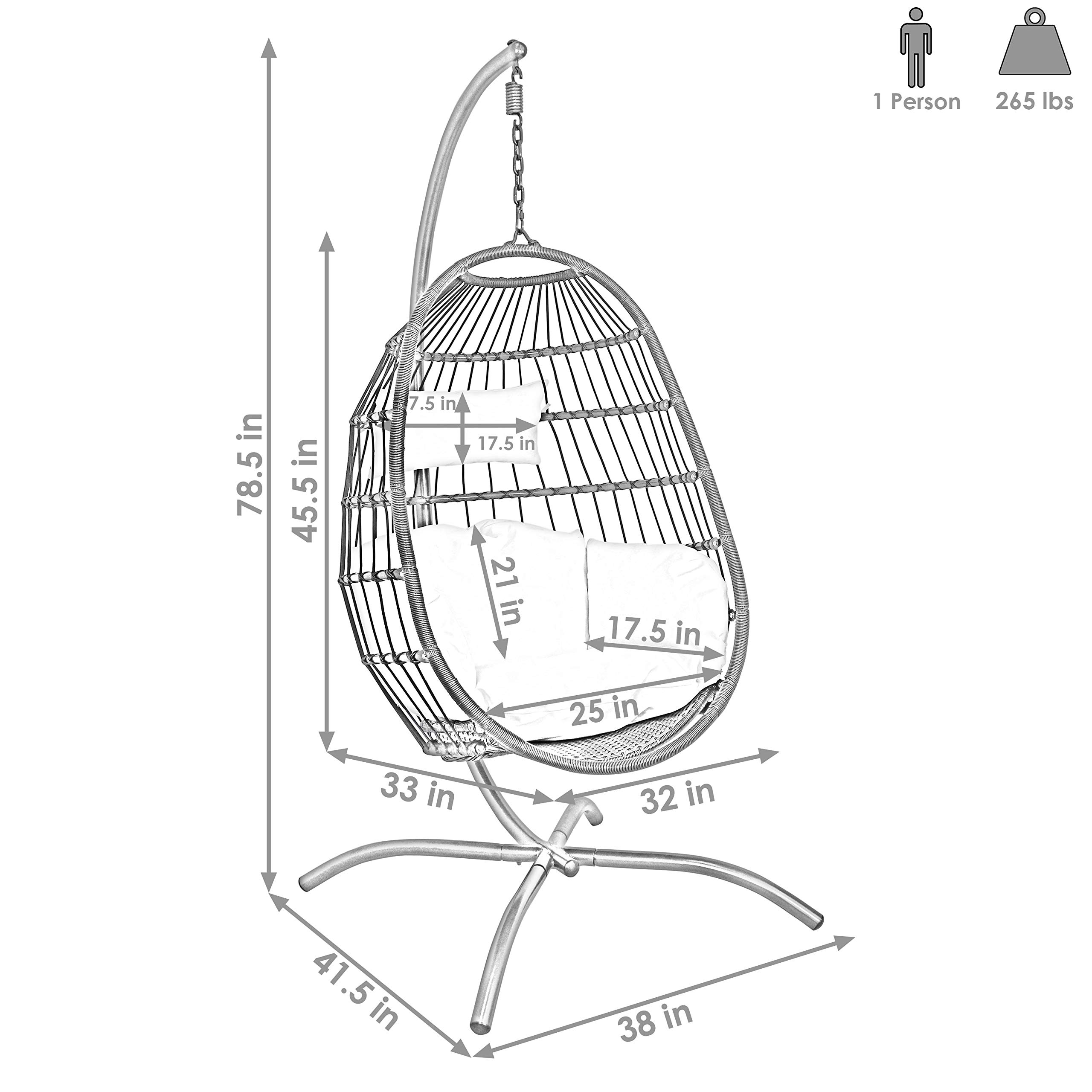 Sunnydaze Penelope Hanging Egg Chair with Turquoise Seat Cushions & Steel Stand - 78-Inch Black Wicker Swing Chair for Patio, Garden, Backyard Relaxation