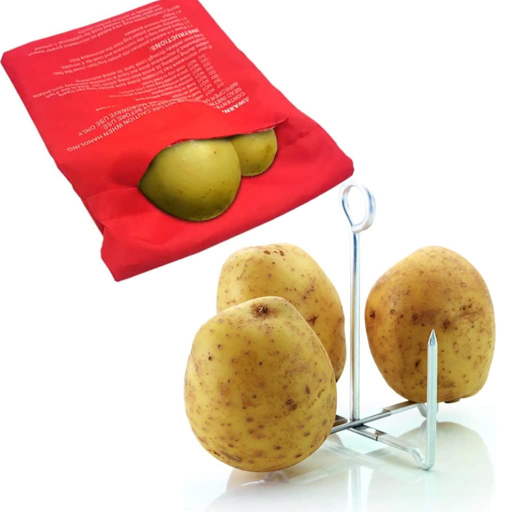 Reusable Potato Baking Rods & Microwave Cooker Bag Set – Quick & Easy Baked Potatoes with 4 Spud Spikes | Perfect for Home Cooking, Meal Prep & Parties
