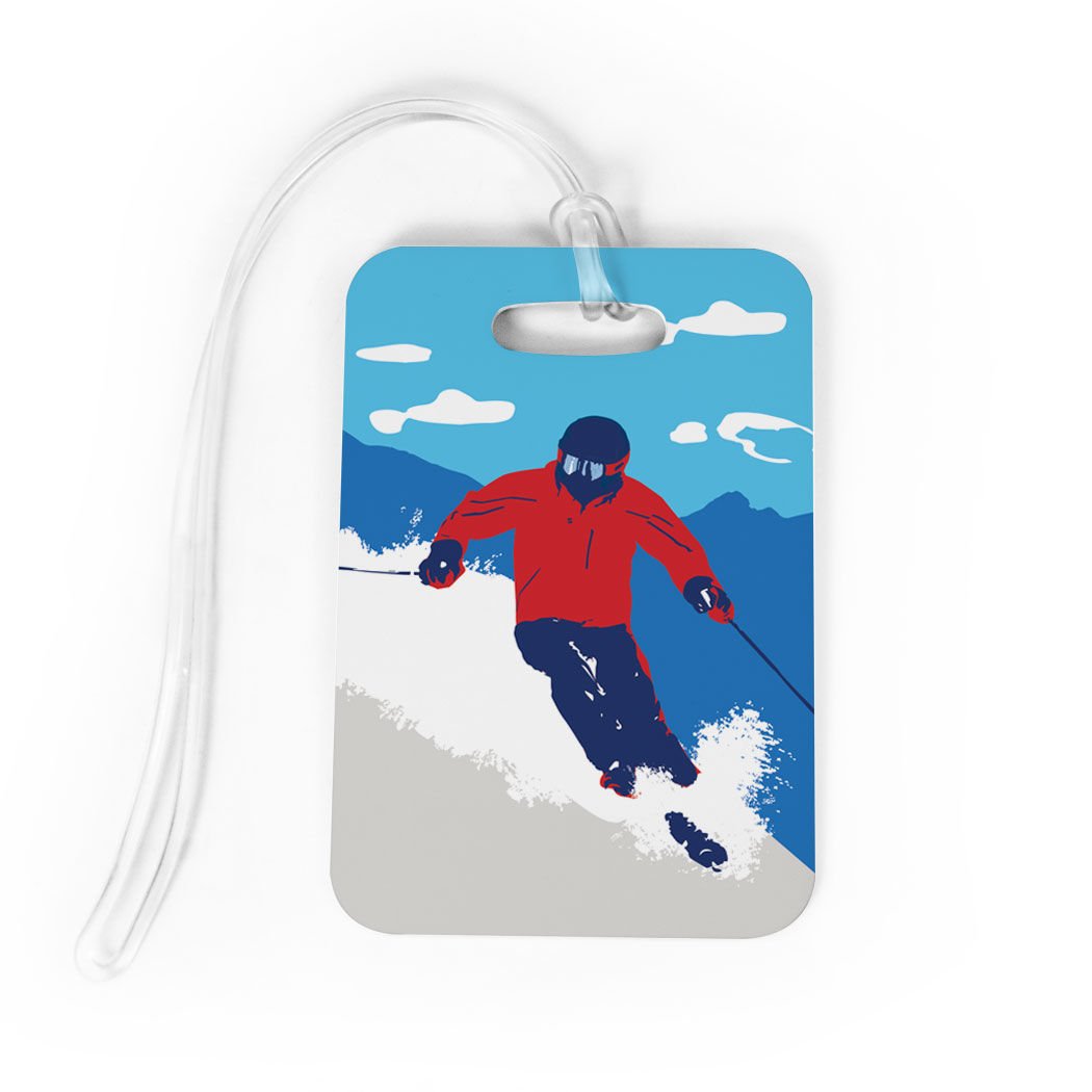 ChalkTalkSPORTS Skiing Luggage Tag & Bag Tag - Personalized Ski Gear with Custom Info on Back - Medium Size in Red - Perfect for Ski Trips & Winter Vacations