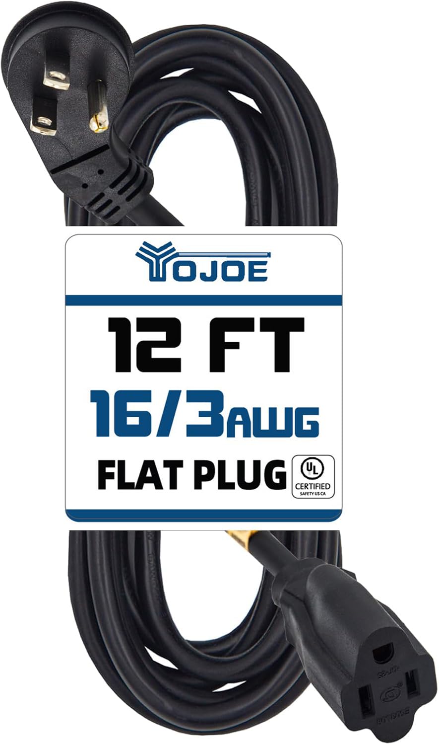 YOJOE 12 ft Flat Plug Indoor Extension Cord - 3 Prong 13A Heavy Duty Power Cord, 16 Gauge SJTW Black Extension Cable for Garage, Garden & Home Use - UL Listed (Perfect for Powering Tools, Appliances & Electronics in Tight Spaces)