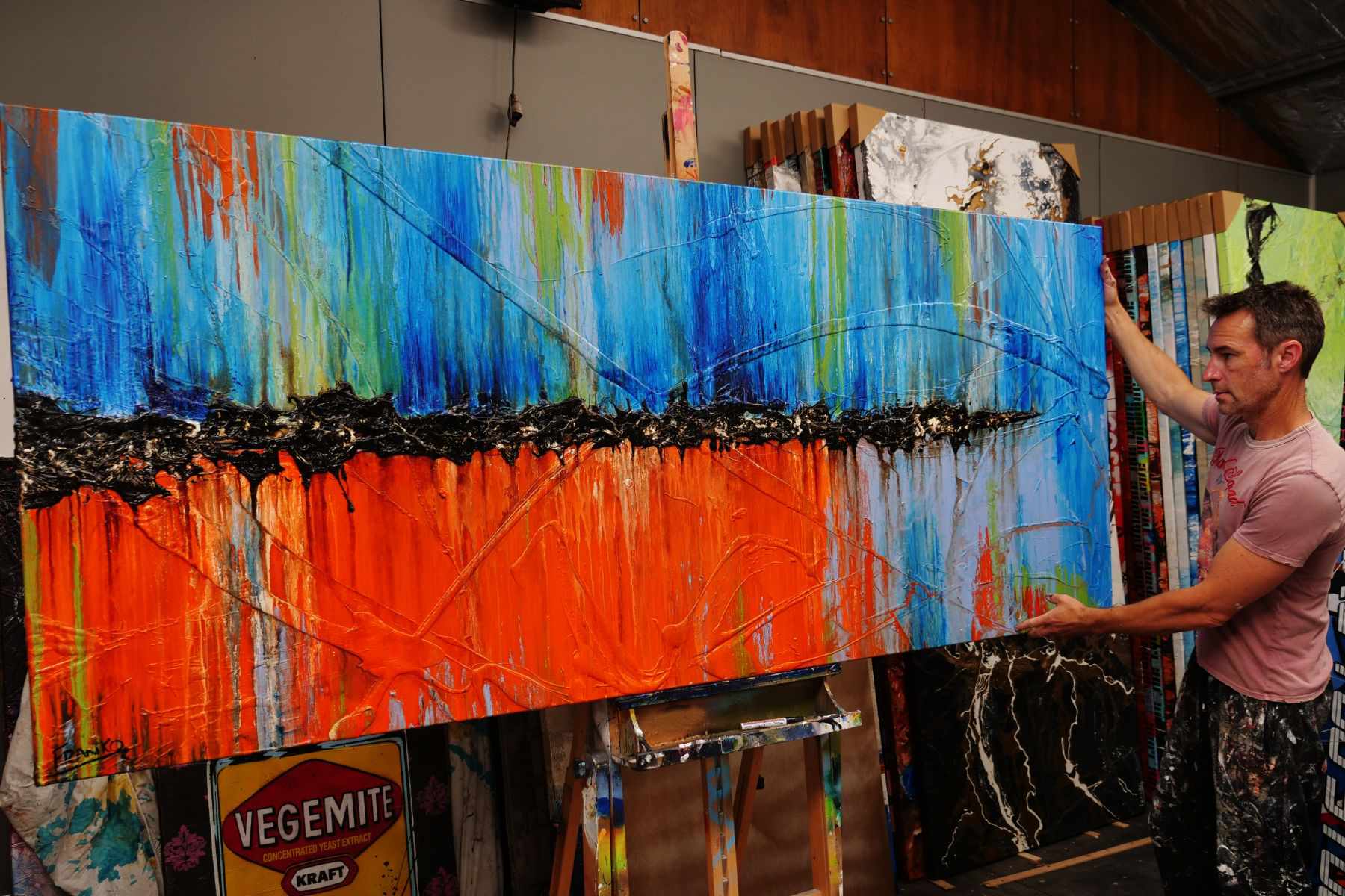 Orange Blue Textured Abstract Painting 240cm x 100cm - Modern Wall Art for Living Room, Bedroom & Office Decor | Cocktails At Sunset Inspired Artwork