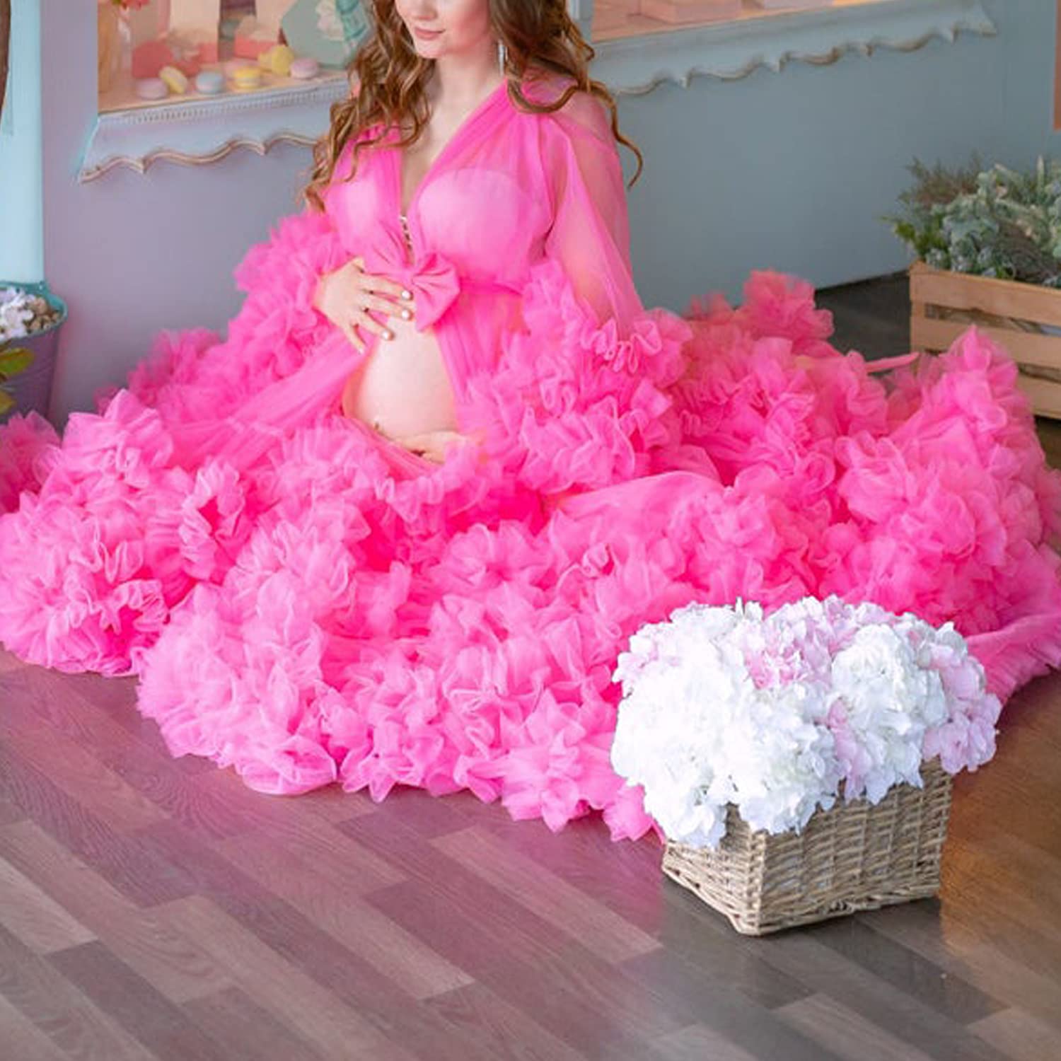 Elegant Tulle Robe Dress - Long Nightgown & Bathrobe for Women, Maternity Sleepwear Gown, Perfect for Pregnancy Photoshoot & Bridal Boudoir Photography