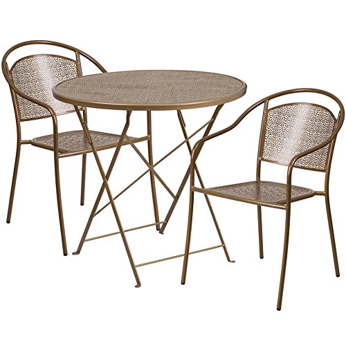 StarSun Depot 30 Inch Round Gold Folding Patio Table Set with 2 Chairs - Indoor Outdoor Steel Bistro Dining Set (30