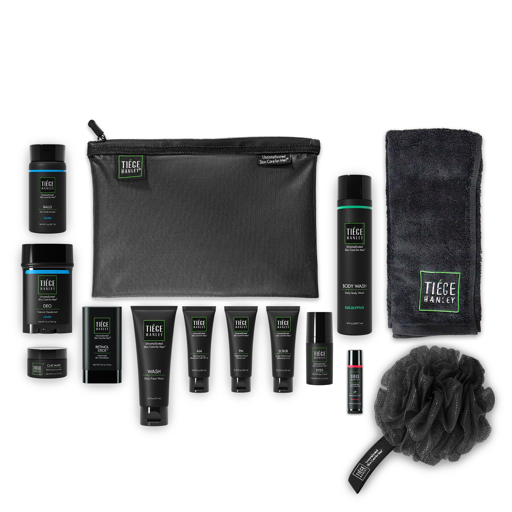 Tiege Hanley Platinum Men's Skincare Gift Set - Complete Face & Body Care Kit with Face Wash, AM/PM Moisturizer, Scrub, Eye Cream, Clay Mask, Retinol Stick, Body Wash, Deodorant & Lip Balm - Perfect for Gifts, Travel & Daily Skincare Routine