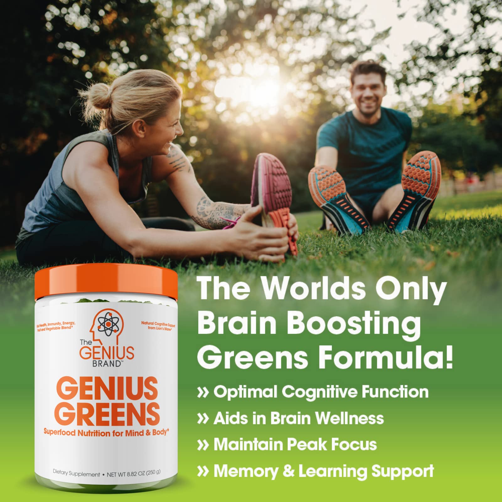 The Genius Brand - Organic Super Greens Superfood Powder with Spirulina, Lion's Mane, Kale & Spinach - Nootropic Supplement for Energy, Immunity & Brain Health - Antioxidant-Rich Juice & Smoothie Mix for Workouts, Detox & Daily Wellness