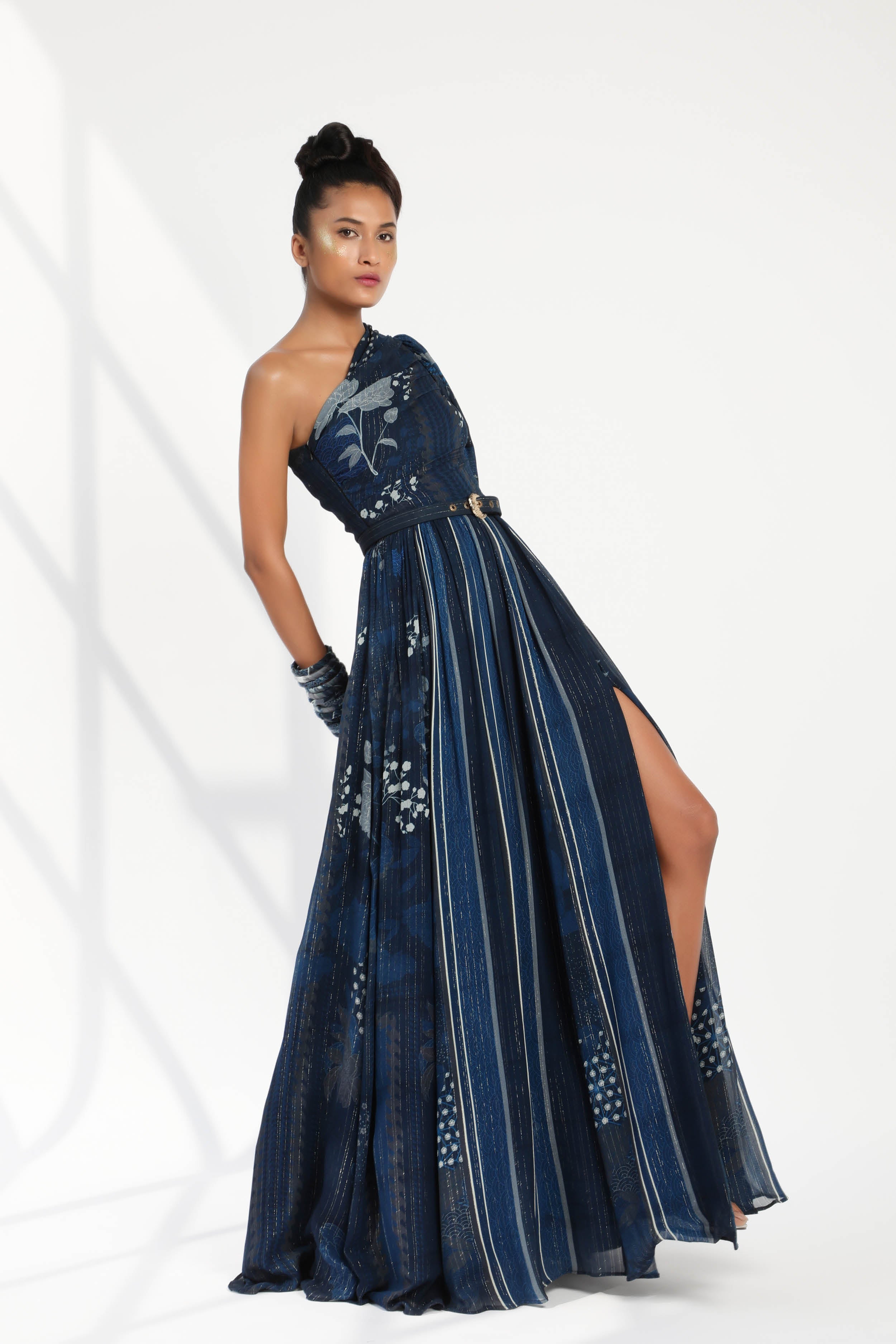 Elegant Indigo Blue Floral Print One Shoulder Dress with Adjustable Belt - Perfect for Cocktail Parties, Date Nights & Summer Weddings