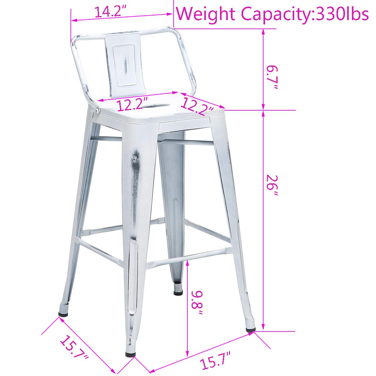 Changjie Furniture Set of 4 Industrial Metal Bar Stools with Backs - 26 Inch Distressed White Counter Height Stools for Bistro, Cafe & Home Kitchen Use
