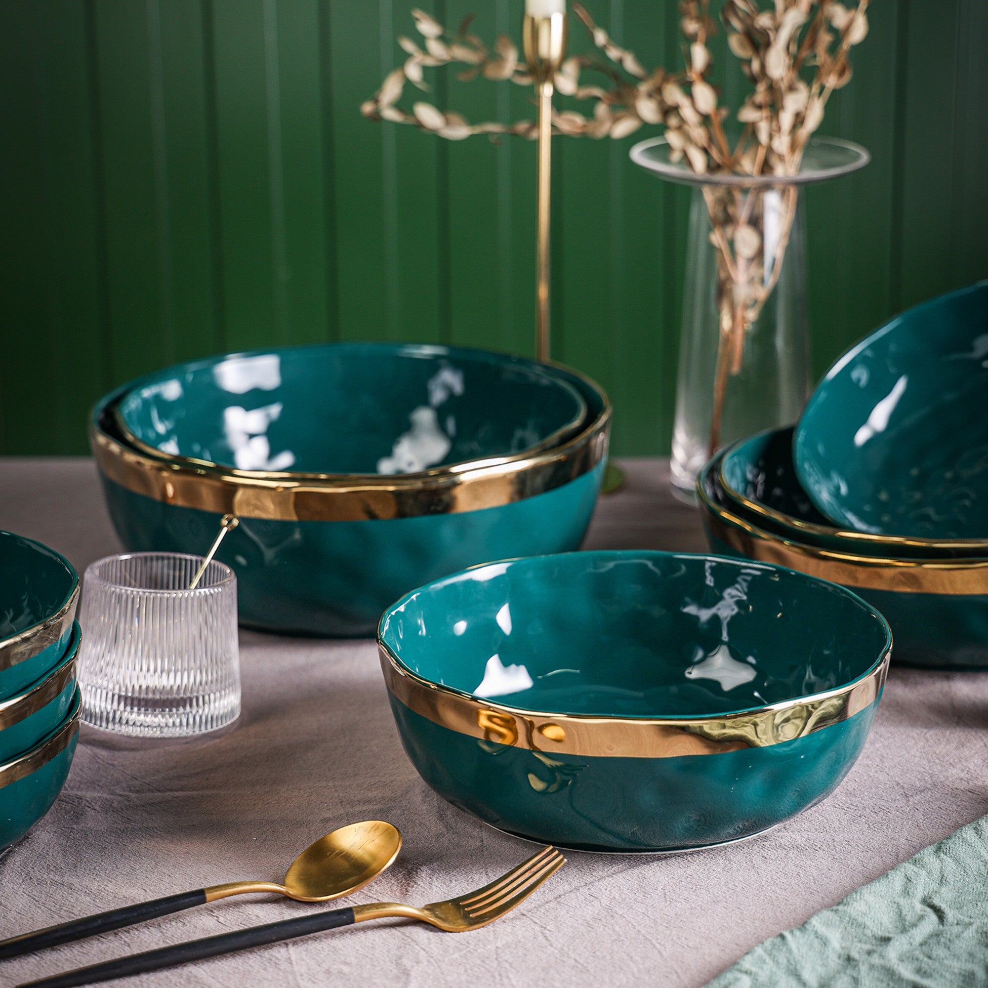 Florian Porcelain Dinnerware Set - 6-Piece Green Serving Bowls for Salads, Soups & Desserts | Elegant Tableware for Home Dining & Entertaining