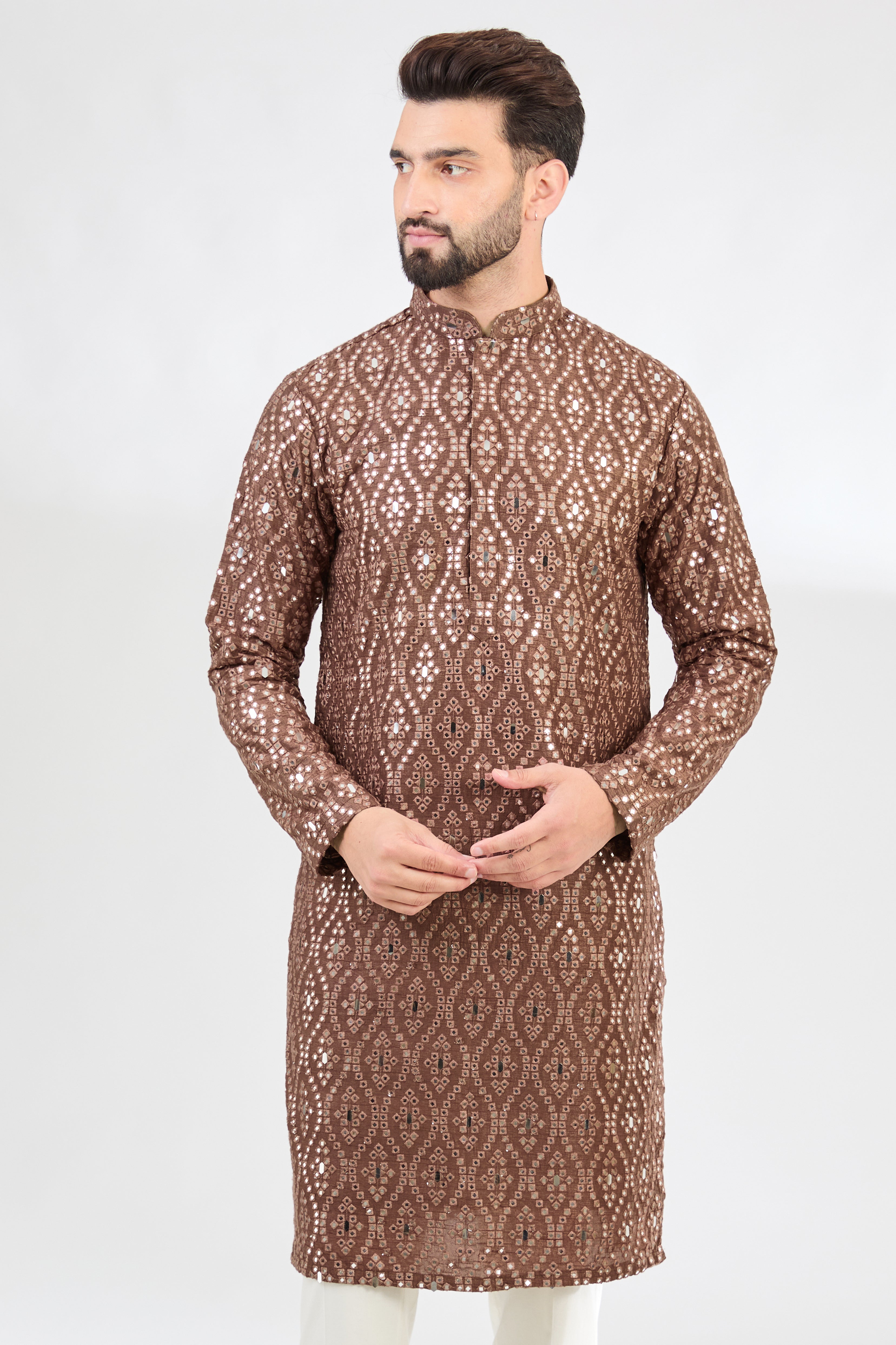 Elegant Mauve Taupe Mirror Work Kurta for Women | Traditional Indian Embroidered Tunic Top | Perfect for Festivals, Weddings & Ethnic Parties