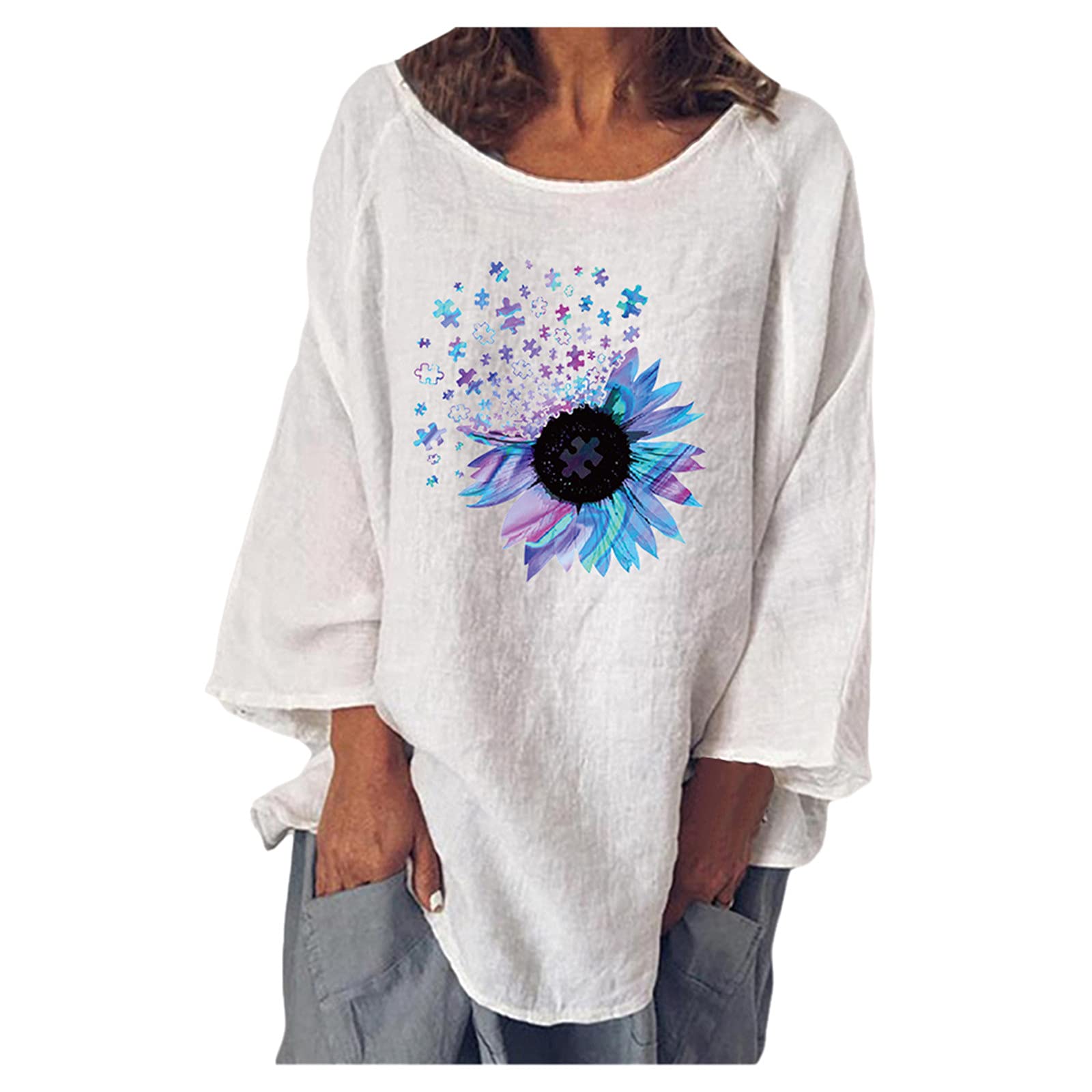 Women's Long Sleeve V-Neck T-Shirt - Summer Casual Loose Fit Tee Top - Plus Size Flowy Blouse for Work, Travel & Everyday Comfort