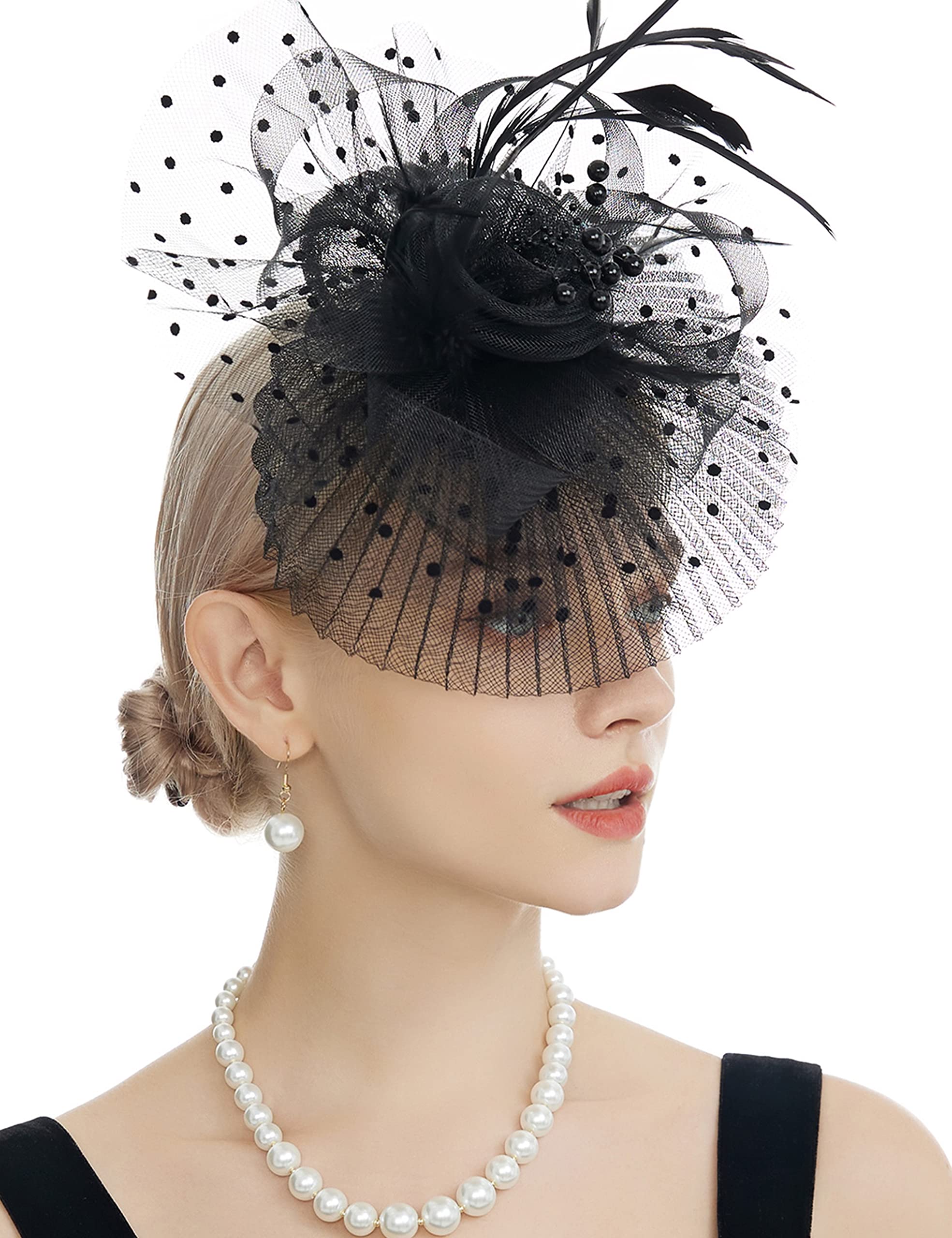 Elegant Women's Fascinator Hat with Feather & Flower - Tea Party, Wedding, Cocktail Headband Veil Hair Accessory | Perfect for Bridal Showers, Garden Parties & Special Occasions