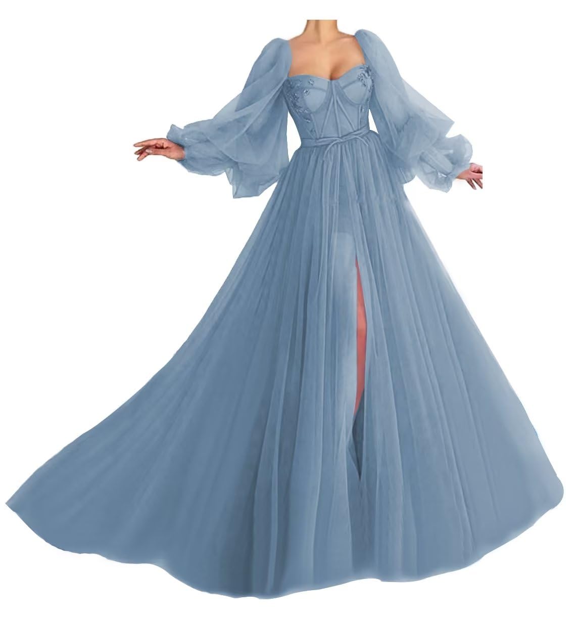 Elegant Puffy Sleeve Princess Tulle Ball Gown Wedding Dress for Women - Dusty Blue, Size 2 | Perfect for Bridal Shower, Formal Events & Fairy Tale Weddings