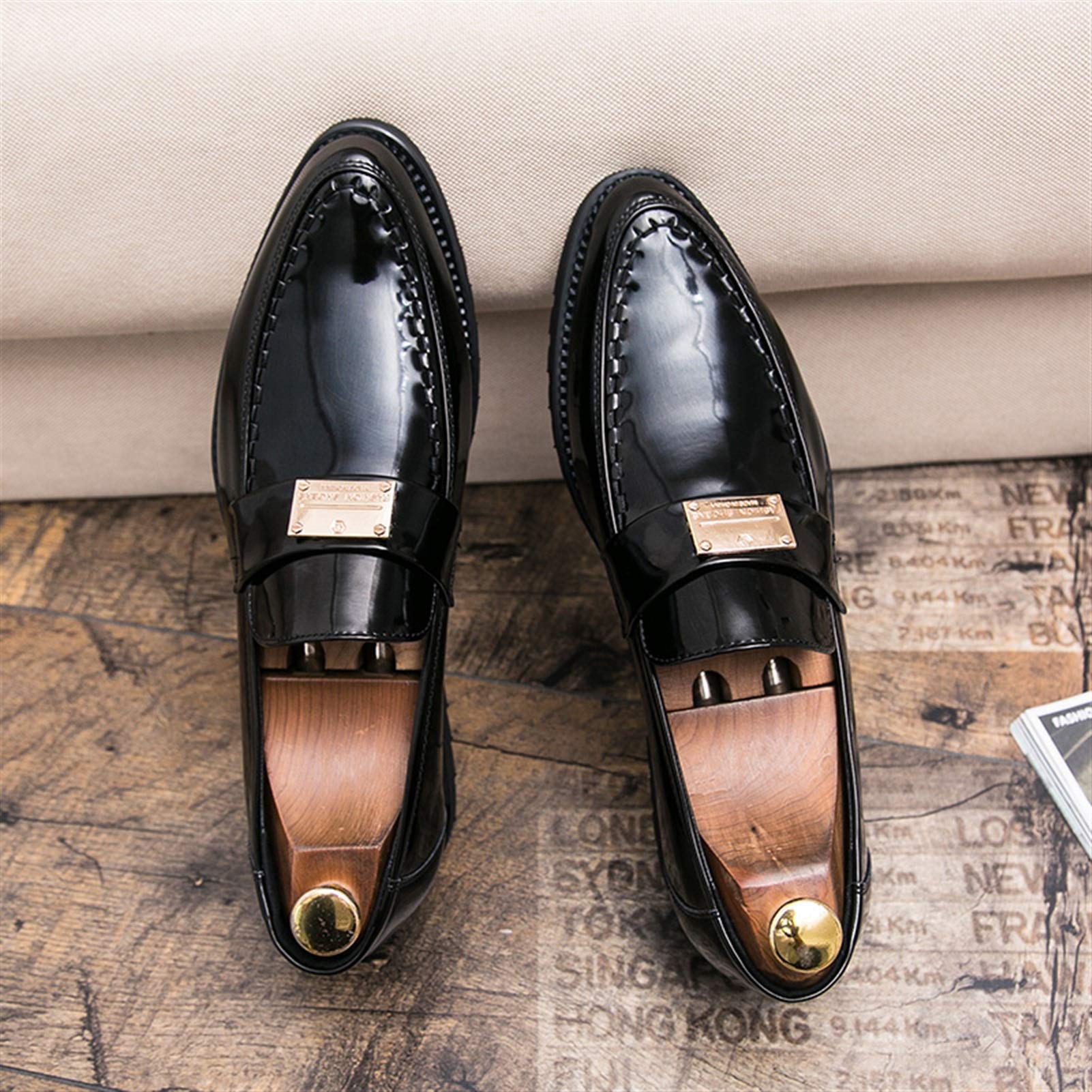 **Men's Classic Formal Oxford Dress Shoes - Vegan Leather Lace-Up Patent Shoes with Pointed Toe & Anti-Slip Block Heel (Black, Size 9) - Perfect for Weddings, Business Meetings & Formal Events**