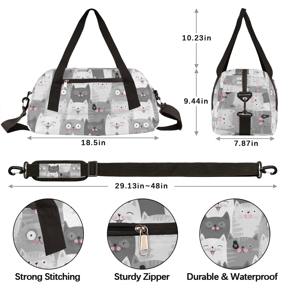 Cat Duffle Bag for Kids - Cute Lightweight Water Resistant Foldable Animal Gym Bag, Grey Dance Weekender Overnight Carry On Travel Bag for School, Sports, Gym, Camping & Beach Trips - Perfect for Sleepovers, Dance Classes, and Weekend Getaways