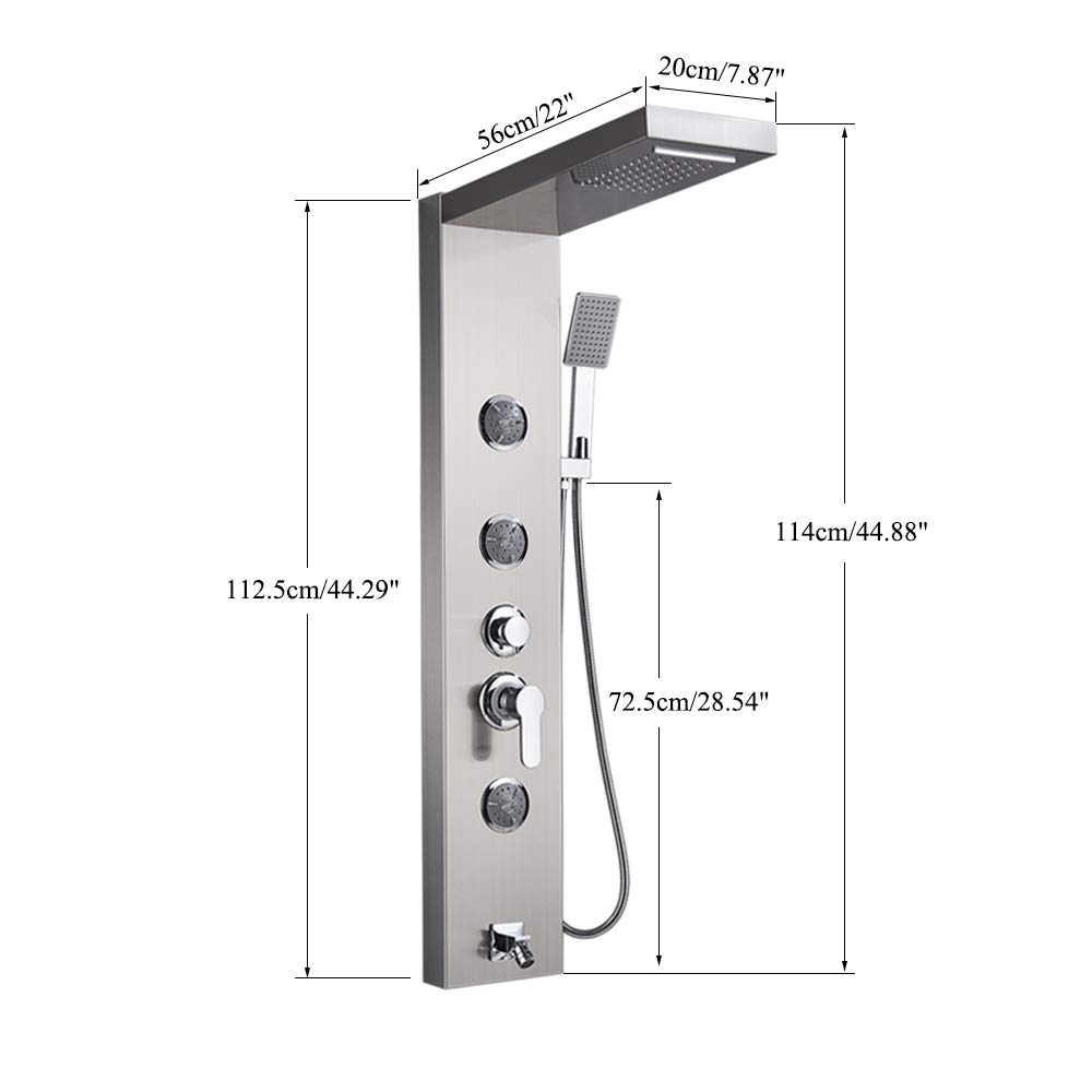 Multi-Function Shower Panel Tower System - Wall Mounted Rainfall Waterfall Shower Column with Massage Jets & Handheld Shower Head in Brushed Nickel | Perfect for Luxury Bathroom, Spa-Like Experience & Modern Home Upgrade