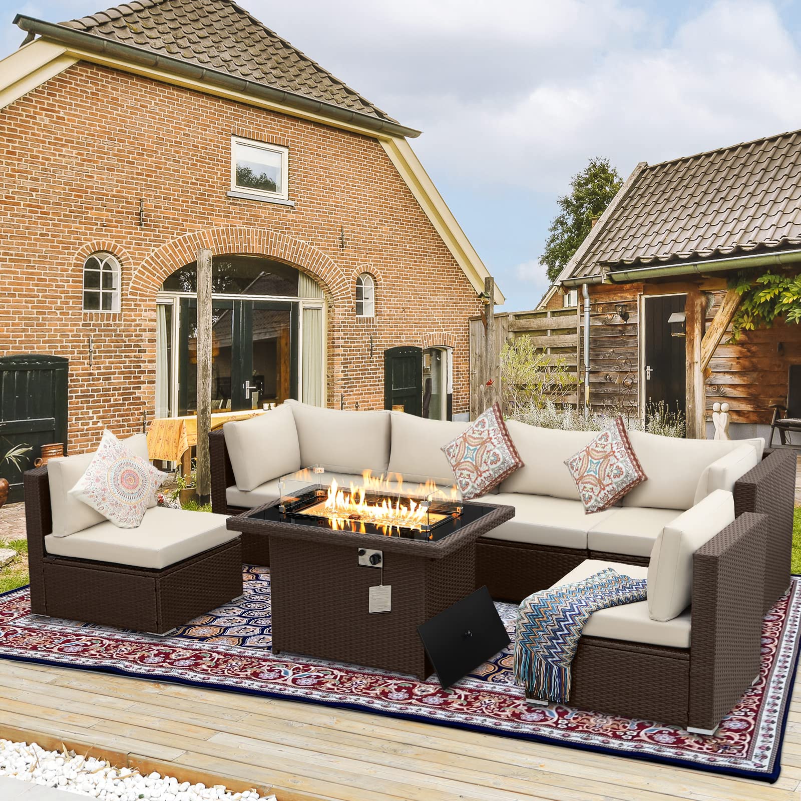 BULEXYARD 7-Piece Brown PE Rattan Outdoor Patio Furniture Set with Fire Pit Table - High Back Wicker Sectional Sofa Conversation Set for Backyard, Garden, Poolside (Beige) - Perfect for Entertaining, Relaxing & Outdoor Gatherings