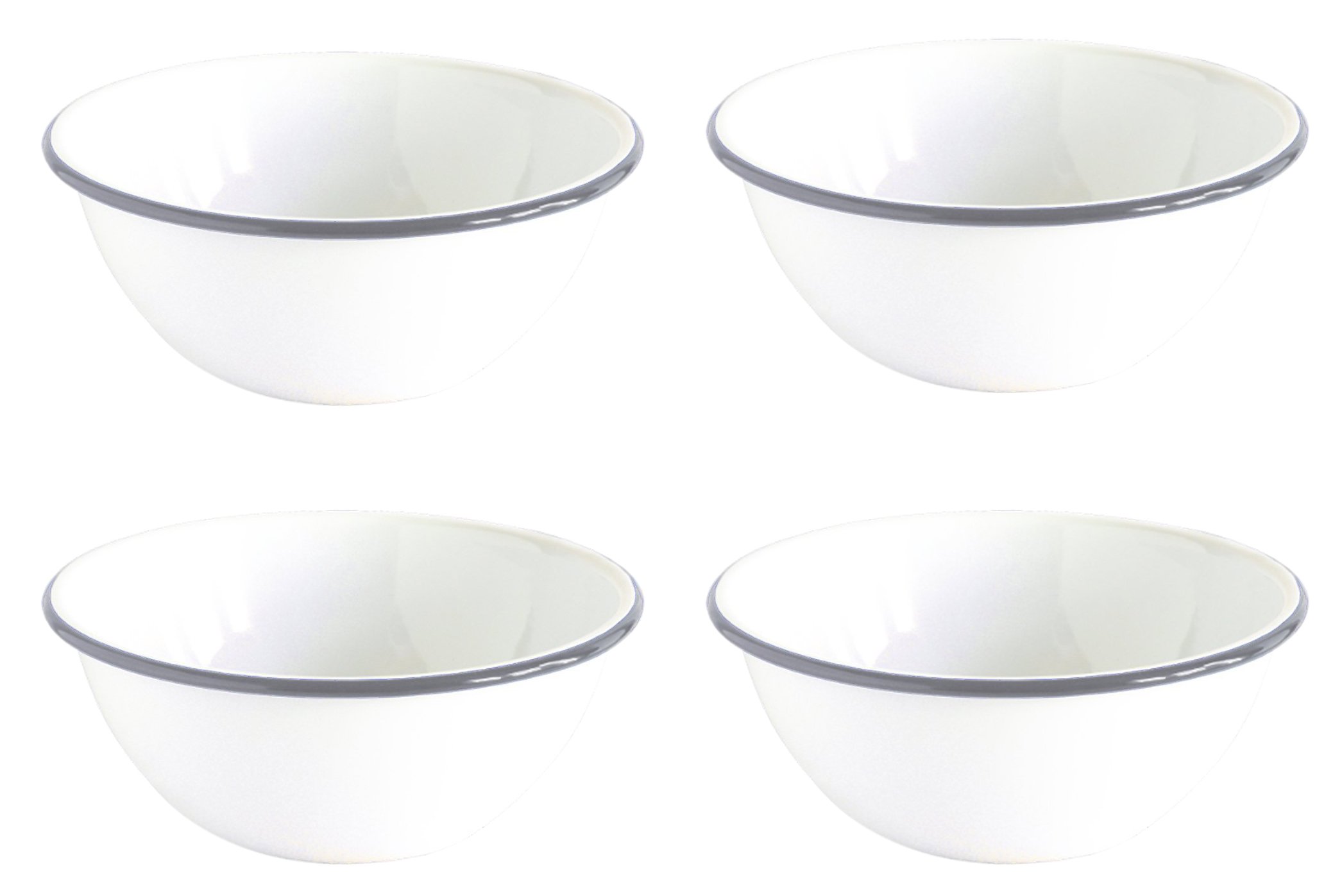 Crow Canyon Enamelware Round Salad & Soup Serving Bowl Set of 4 - Classic White with Grey Rim Tableware - 8.5 Inch Dinnerware for Picnics, Camping & Farmhouse Dining