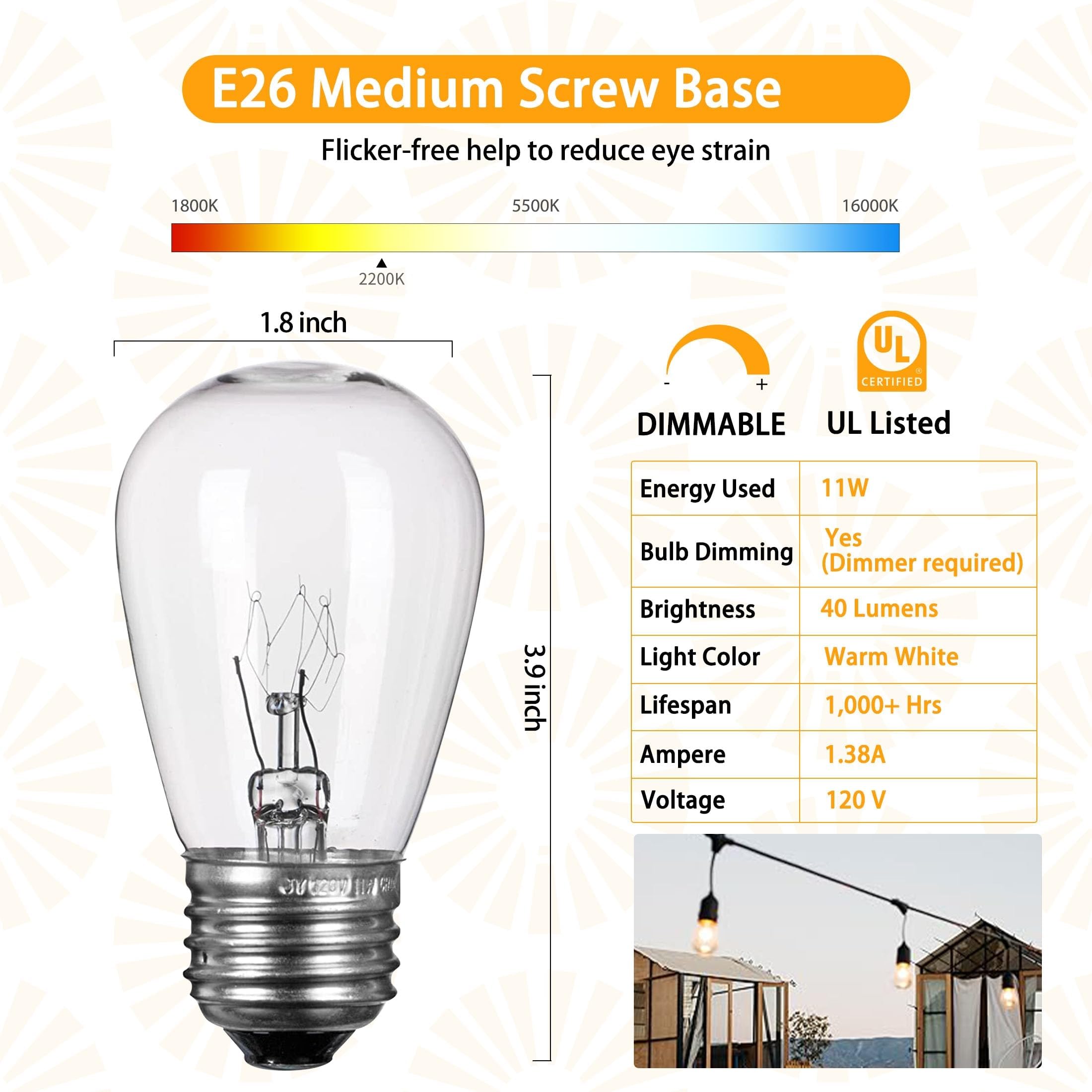20 Pack S14 Replacement Light Bulbs - 11W Warm White Incandescent Edison Bulbs with E26 Medium Base | Commercial Grade for Outdoor Patio String Lights, Cafe Lighting & Backyard Decor