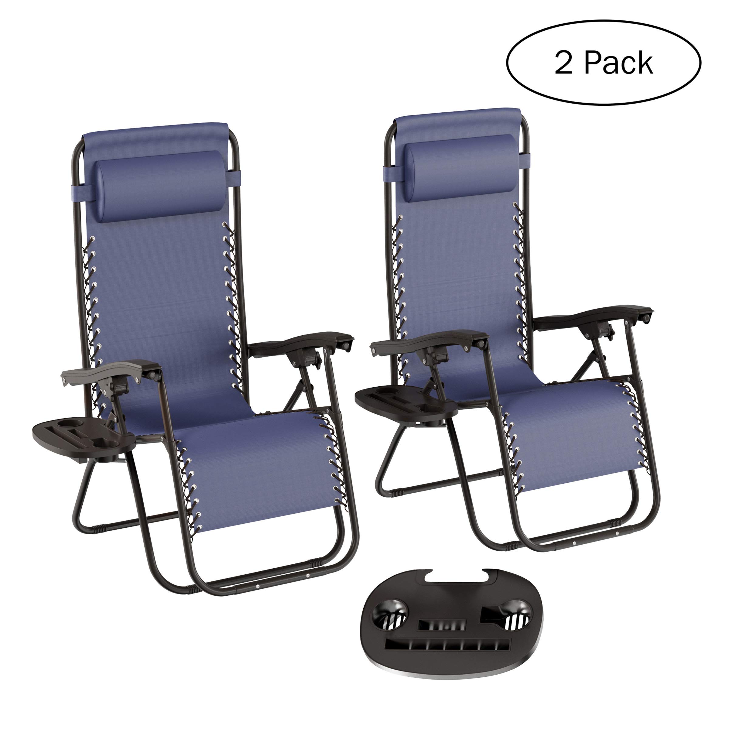 Premium Set of 2 Zero-Gravity Lounge Chairs - Adjustable Folding Outdoor Recliners with Side Table, Cup Holder & Pillow - Perfect for Patio, Poolside, Backyard Relaxation & Camping (Navy Blue)