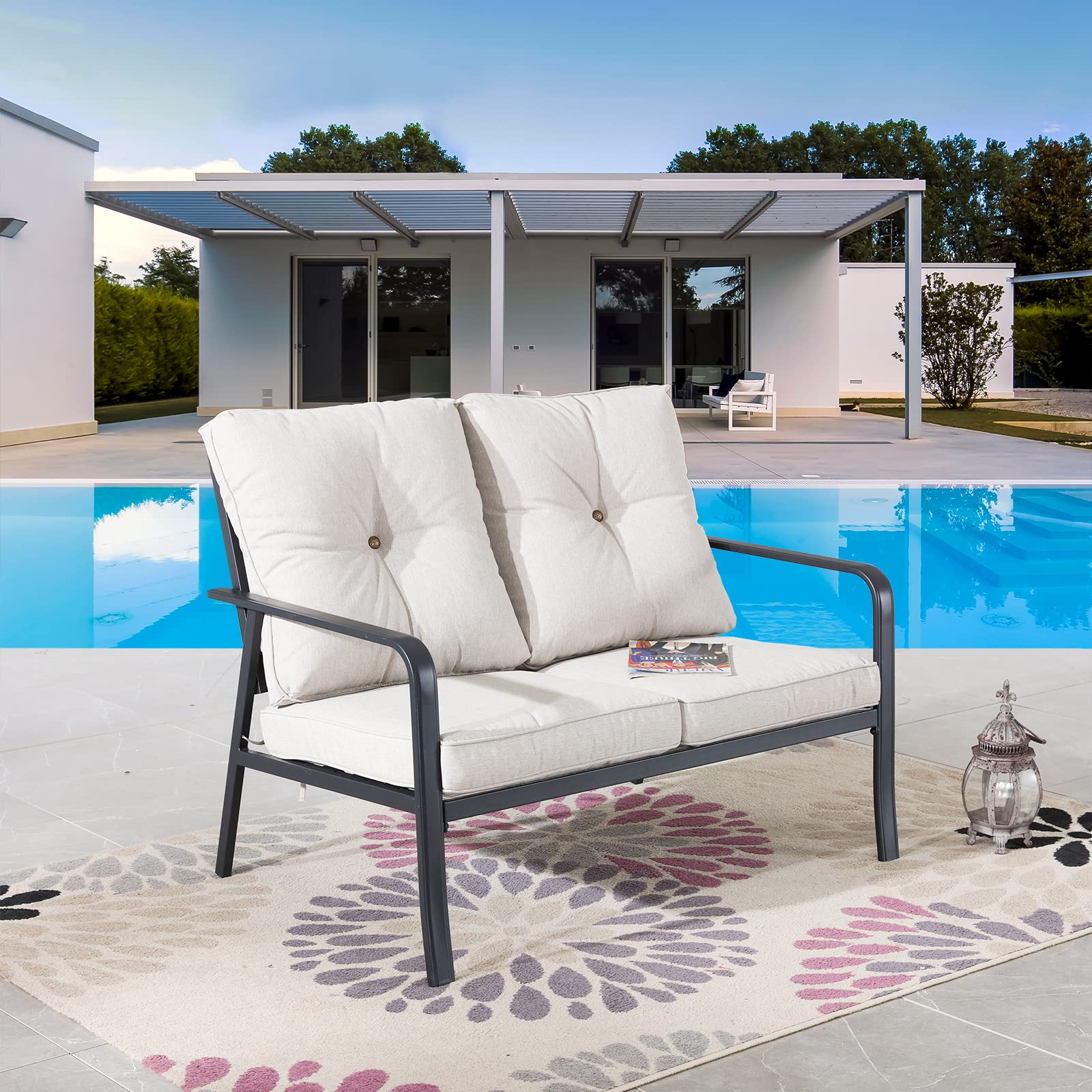 All-Weather 2-Seater Outdoor Loveseat with Metal Frame & Detachable Cushions - Patio Sofa for Porch, Balcony, Deck & Poolside - Beige - Perfect for Relaxing, Entertaining & Enjoying Outdoor Spaces