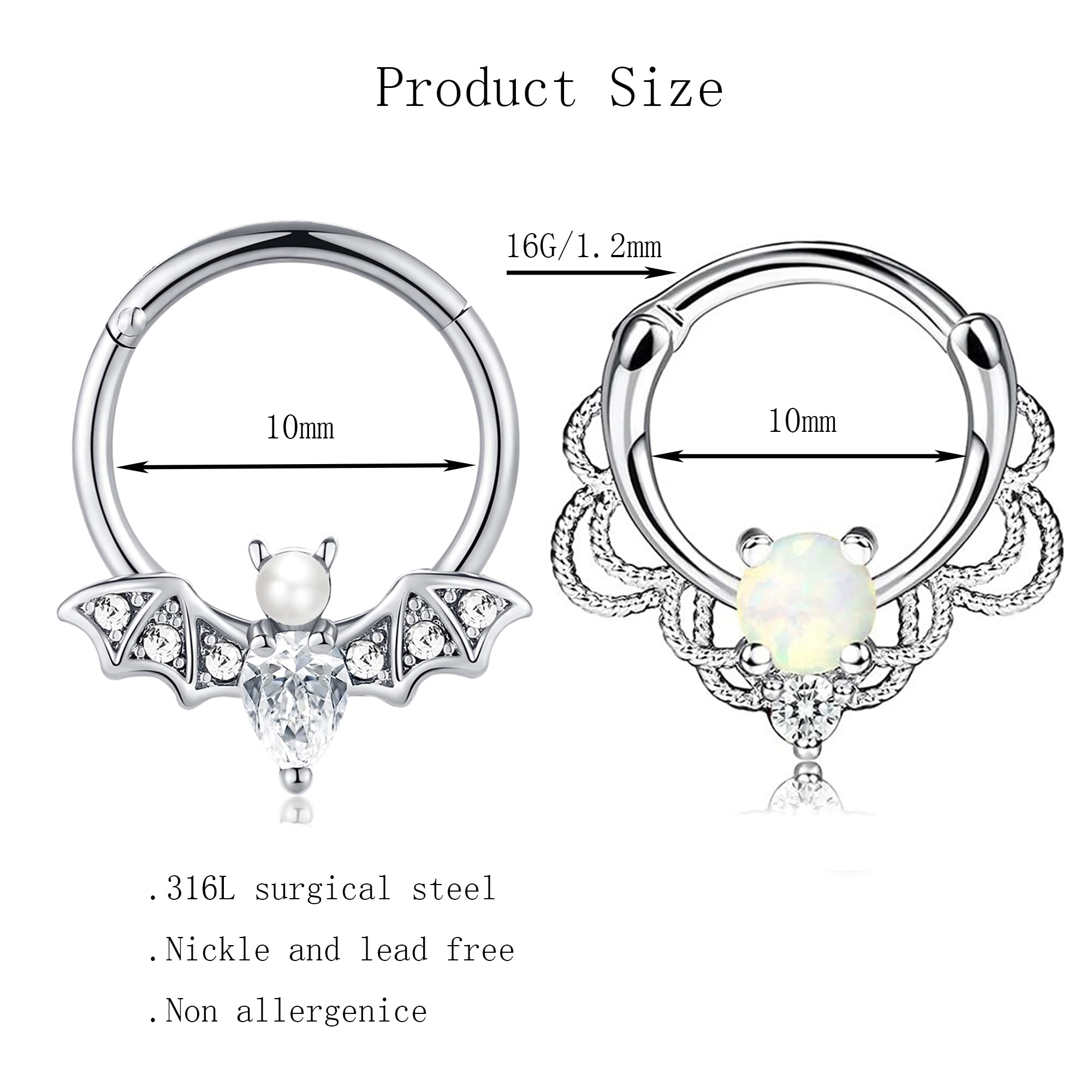 16G Bat & Dragon Claw Septum Rings - Daith, Helix, Tragus, Rook Cartilage Piercing Jewelry for Men & Women | Gothic Body Jewelry for Parties, Concerts & Alternative Fashion