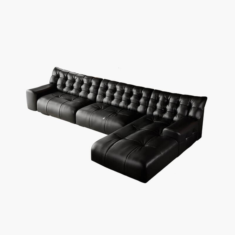 Black L-Shape Sofa Chaise with Tufted Back & Button Details - Modern Living Room Furniture for Small Spaces & Apartments