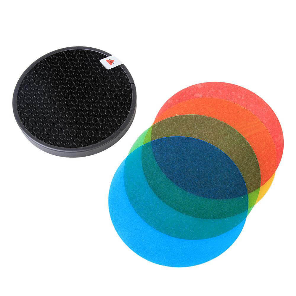 AD R14 Standard Reflector with Grid & 4-Color Gel Kit - Perfect for Studio Photography, Video Lighting & Cinematic Effects