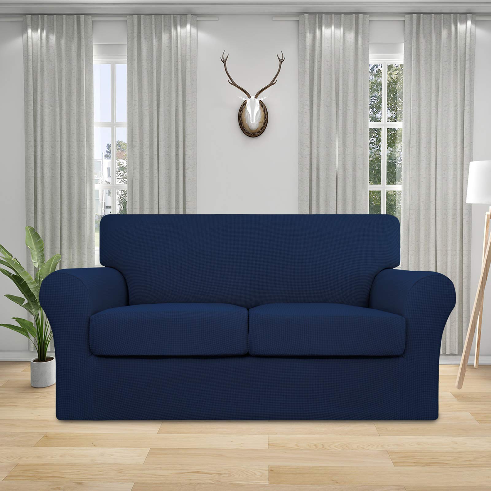 Stretch Sofa Cover for Dogs - 3 Piece Washable Couch Slipcover with Elastic Jacquard Fabric - Furniture Protector for Pets & Kids - Navy Blue Loveseat Size - Perfect for Pet Owners & Family Homes with 2-Cushion Couches