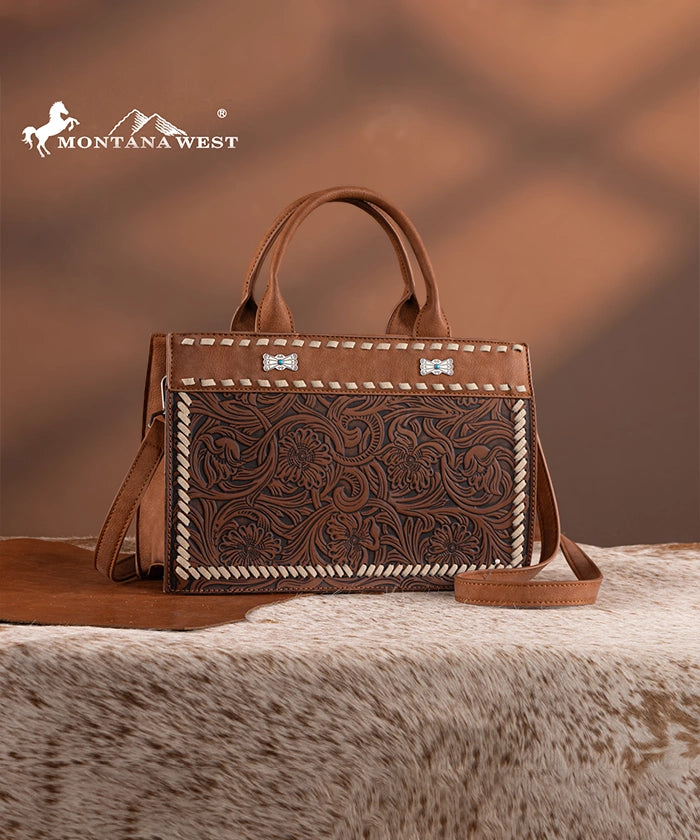 Montana West Floral Tooled Leather Tote Bag Set for Women - Stylish Handbag for Work, Travel & Everyday Use