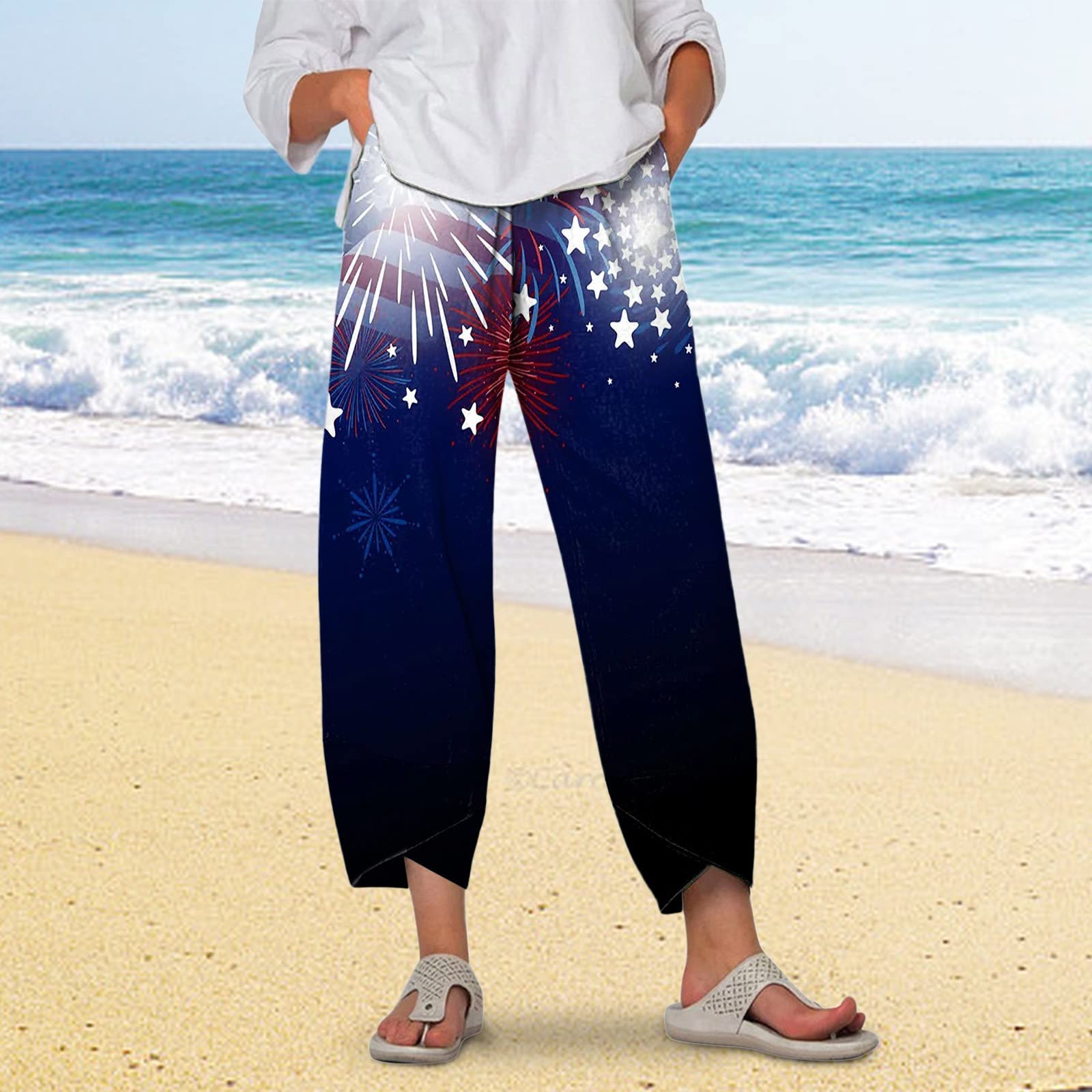 Women's Linen Pajama Pants with Elastic Waist & Pocket - Soft Breathable Loose Harem Pants for Sleep & Lounge - Printed Cream Linen Sleepwear for Women - Perfect for Home Relaxation, Yoga & Summer Nights