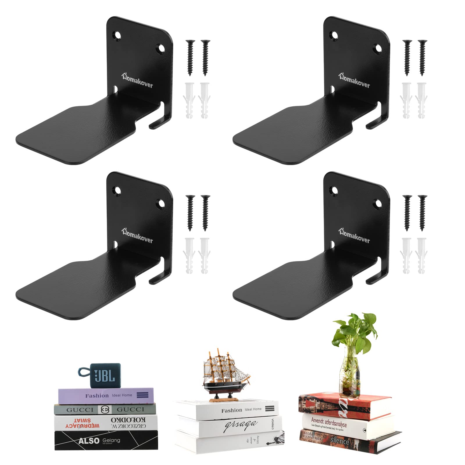**Homakover Invisible Floating Bookshelves - Heavy Duty Wall Mounted Book Organizer, Iron Storage Shelves for Bedroom, Living Room, Office - Set of 4 (Black) | Perfect for Modern Home Decor & Space Saving**