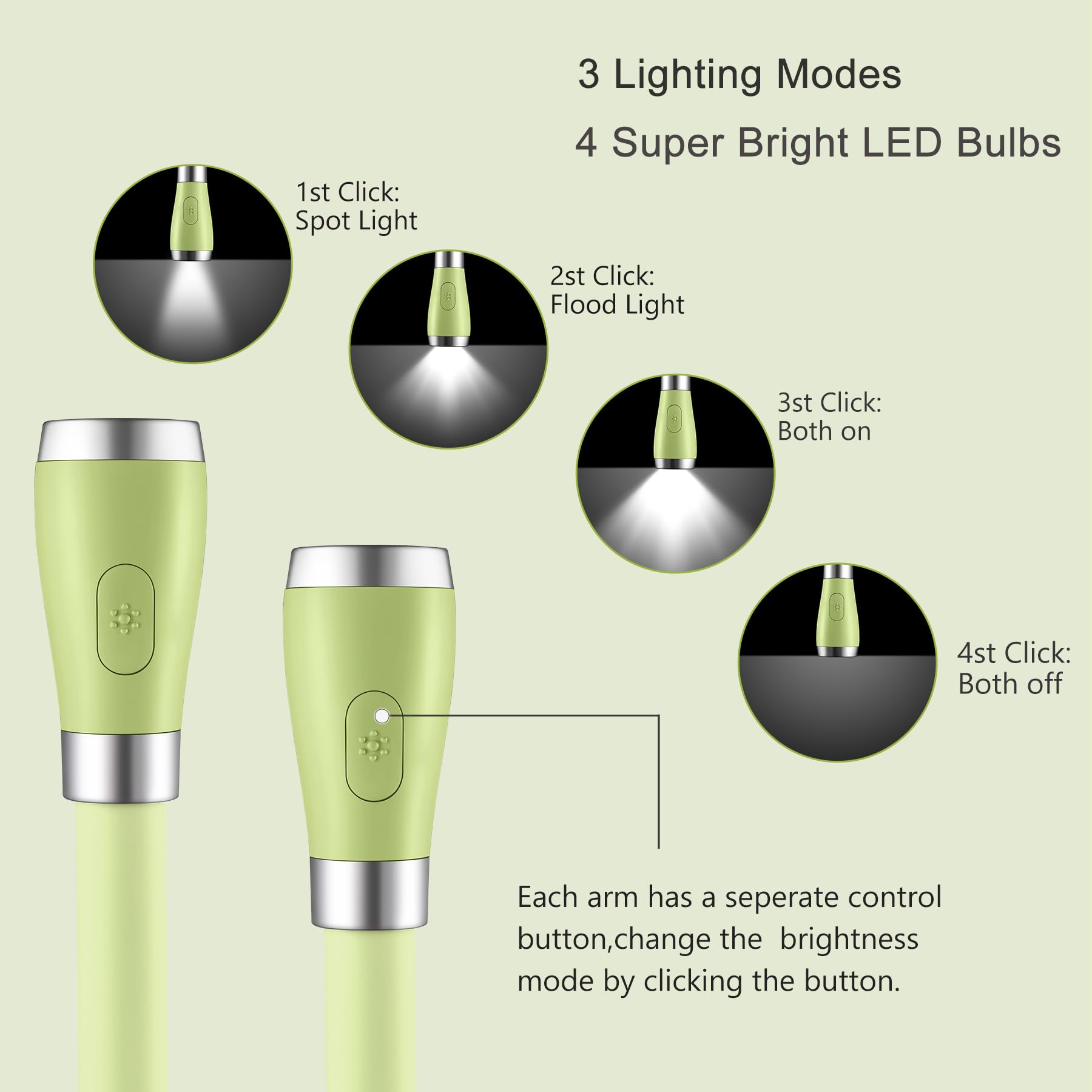 USB-C Rechargeable Neck Book Light - 4 LED Bulbs with 4 Adjustable Brightness Levels, Hands Free Reading Lamp for Bed, Car, Travel & Night Reading (Green) - Perfect Gift for Book Lovers & Students
