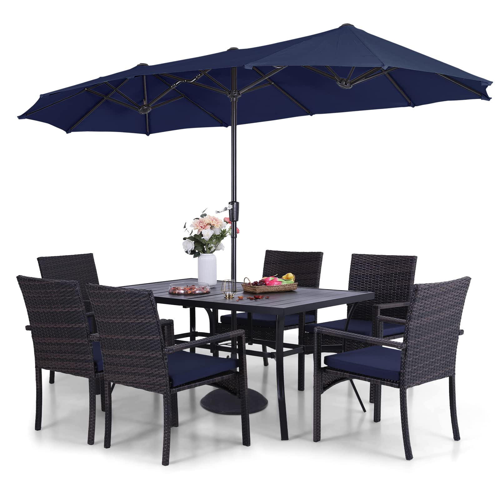 **7-Piece Navy Blue Outdoor Patio Dining Set with Umbrella - Metal Table & Cushioned Rattan Chairs for Backyard, Deck, Porch - Perfect for Family BBQs, Garden Parties & Outdoor Entertaining**