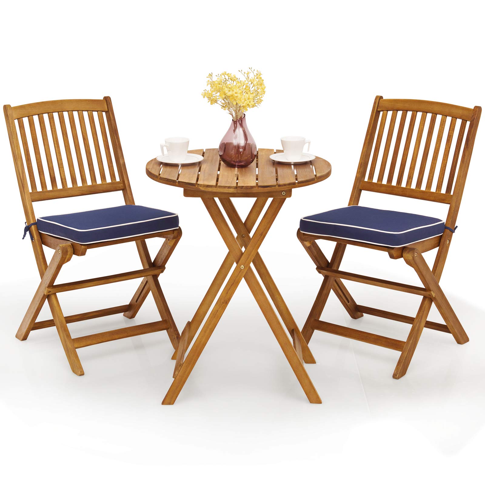 Giantex 3-Piece Patio Bistro Set - Wooden Folding Table with 2 Cushioned Chairs - Outdoor Garden Furniture for Yard, Balcony & Deck - Natural & Navy Blue Round Table for Dining, Relaxing & Entertaining