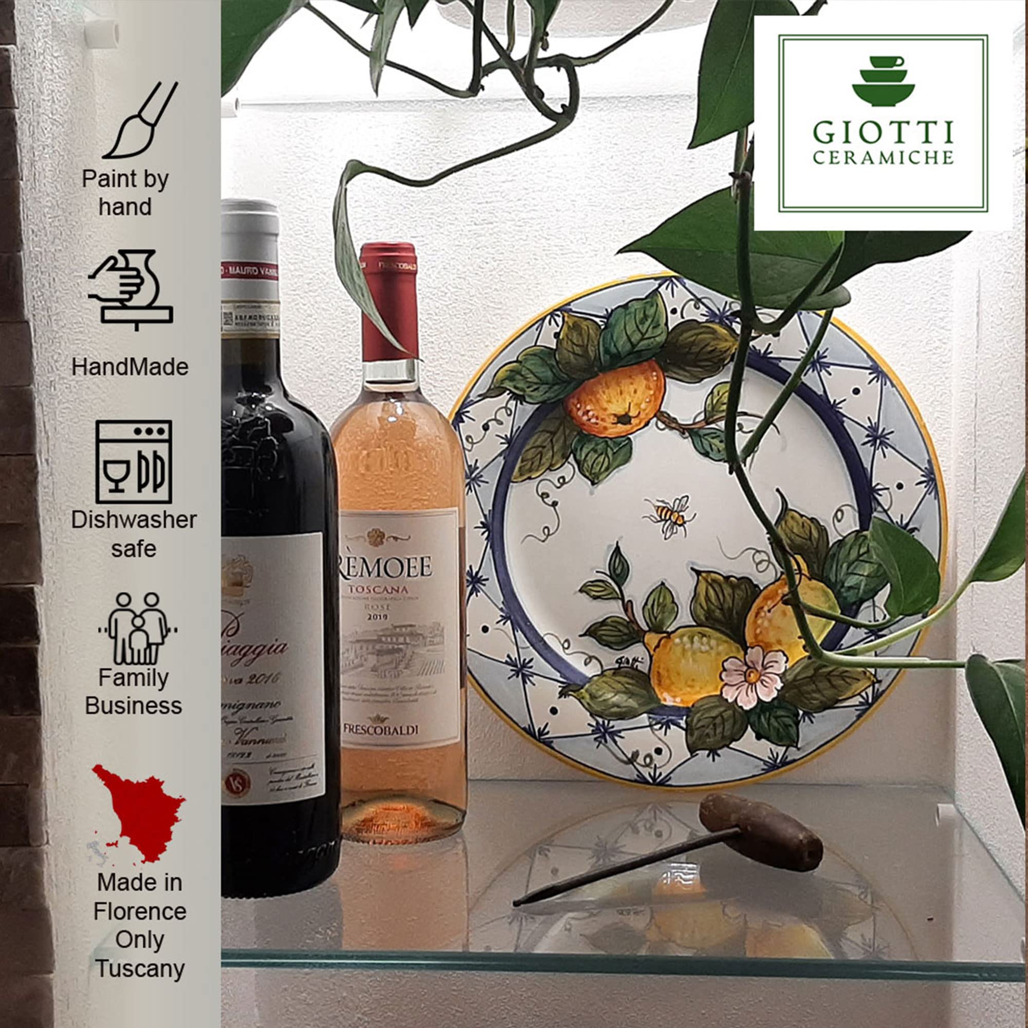 Italian Ceramic Dinnerware Set for 4 - Hand Painted Tuscan Pottery Plates & Bowls - Authentic Ischia Lemons Design - Elegant Kitchen & Dining Table Decor - Perfect for Family Dinners, Entertaining Guests, and Italian-Themed Parties