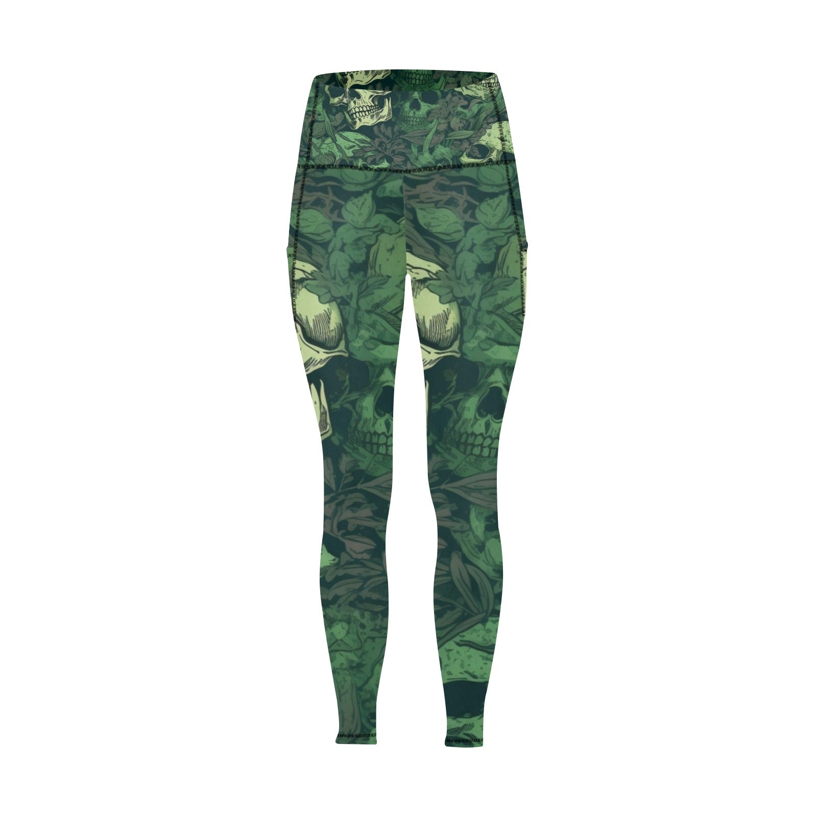 Stylish Green Skulls Leggings with Pockets - Trendy Yoga Pants for Women, Gym Workout & Casual Wear