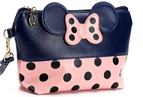 Cartoon Leather Travel Makeup Bag - Cute Portable Cosmetic Organizer & Toiletry Pouch for Women (Navy Blue) | Perfect for Vacation, Business Trips & Daily Essentials Storage