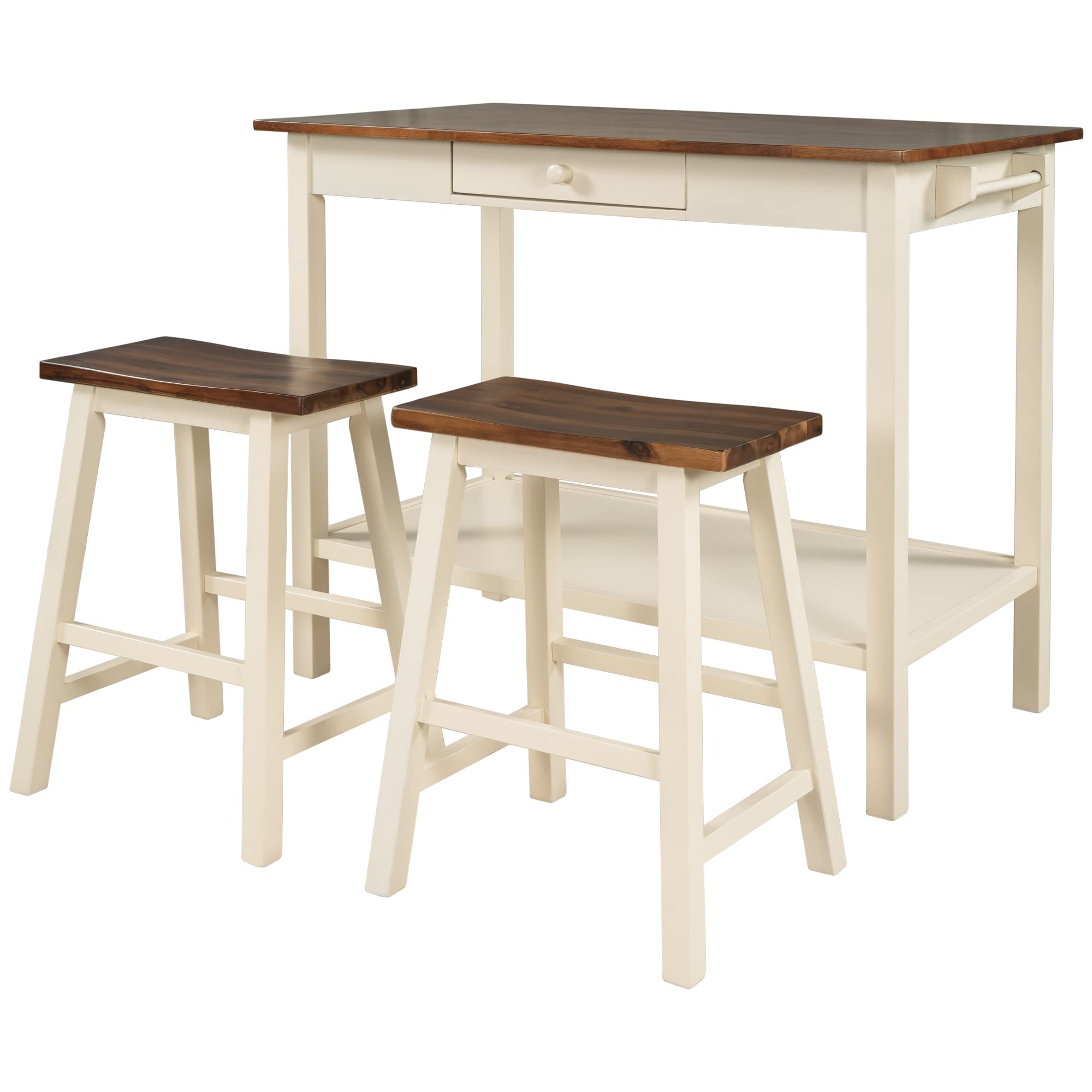 3-Piece Wood Kitchen Island with Seating - Dining Table with Storage Drawers, Towel Rack & 2 Stools | Space-Saving Solution for Small Kitchens & Dining Rooms | Walnut & Cream White Finish | Perfect for Meal Prep, Entertaining & Extra Counter Space