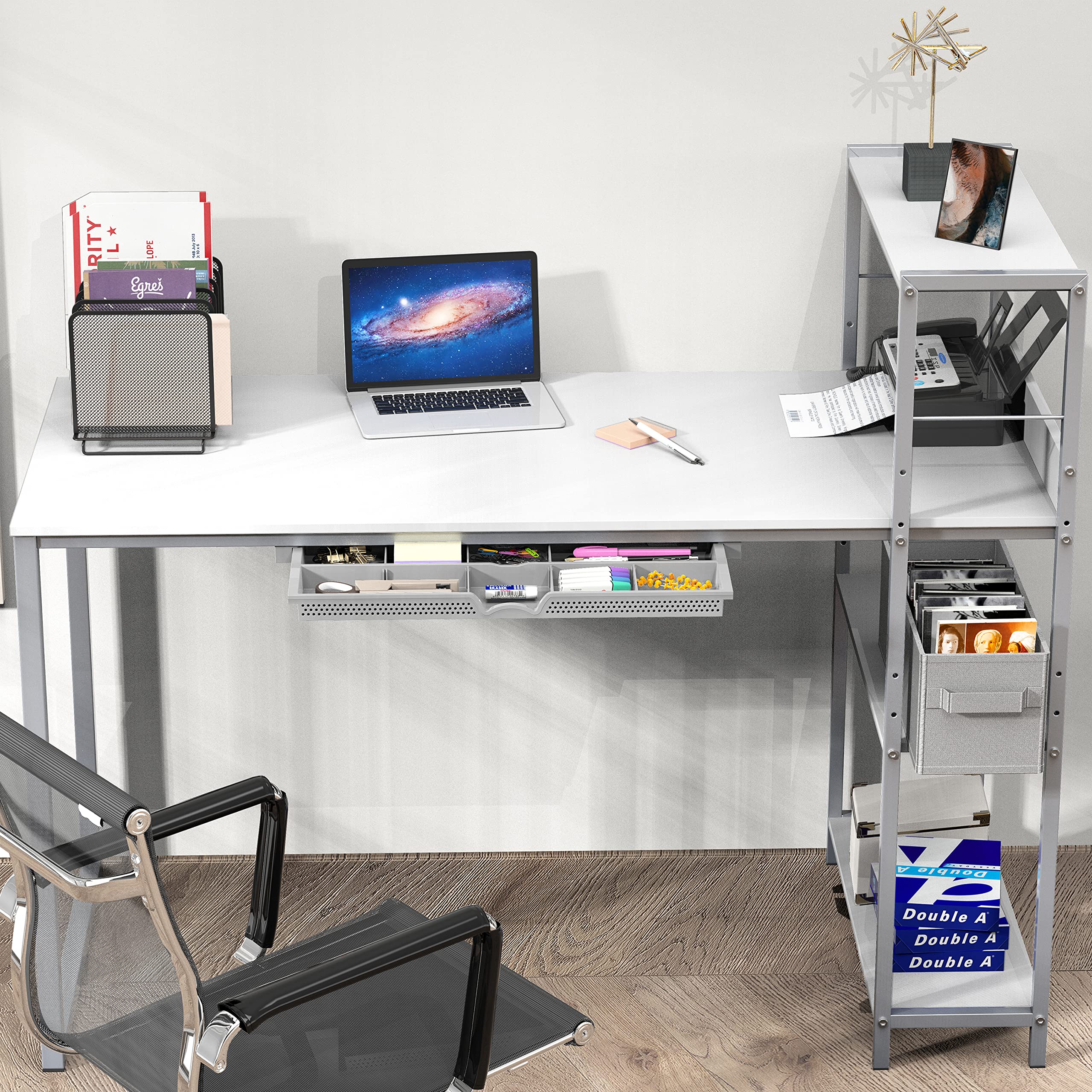 SHW Mission 46-Inch Home Office Computer Desk with Side Shelf and Drawer - White - Perfect for Small Spaces, Remote Work & Study