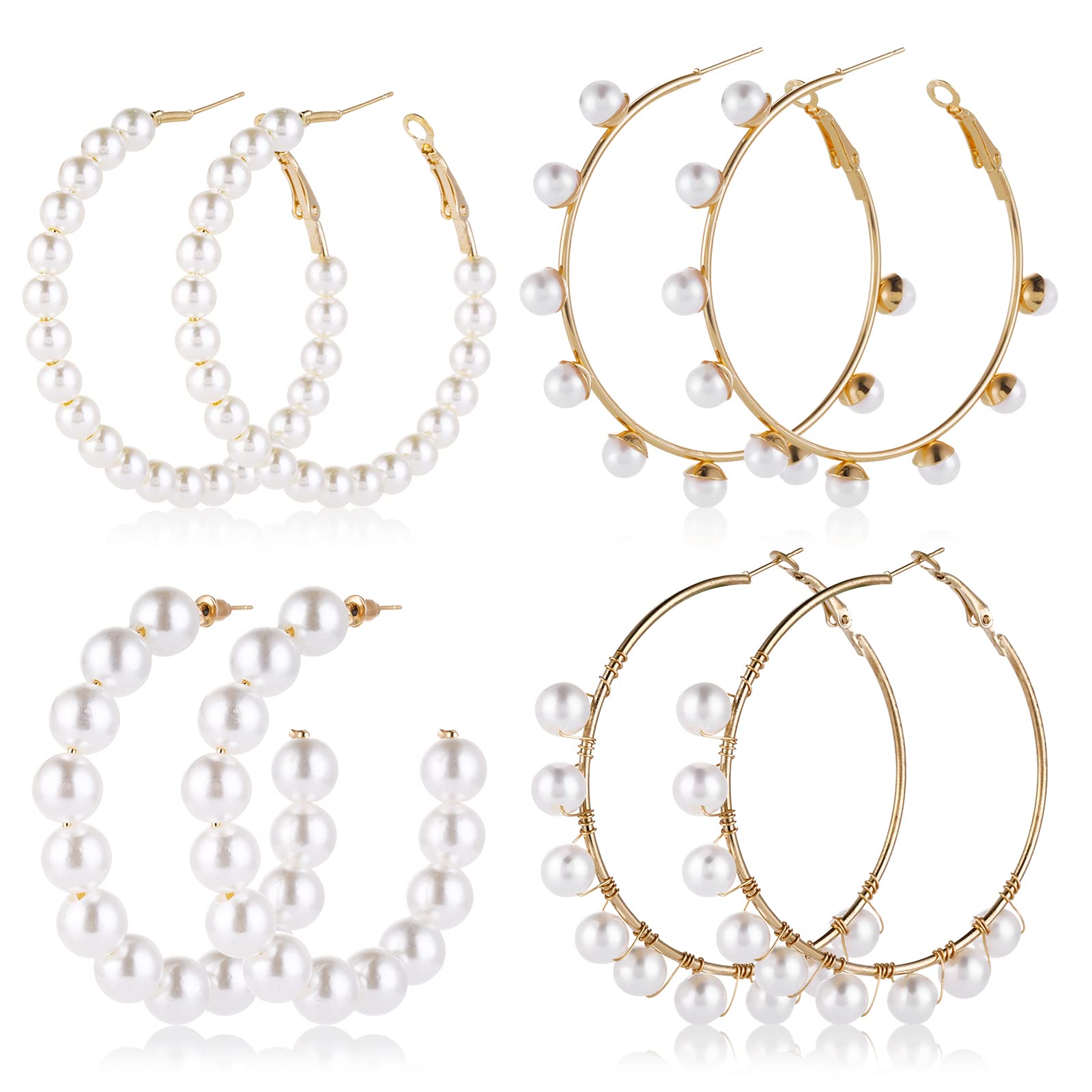 Yolev 4 Pairs Pearl Hoop Earrings for Women - Elegant Drop Dangle Hoops, Bridal Jewelry Gift for Girls & Brides | Perfect for Weddings, Parties & Everyday Wear
