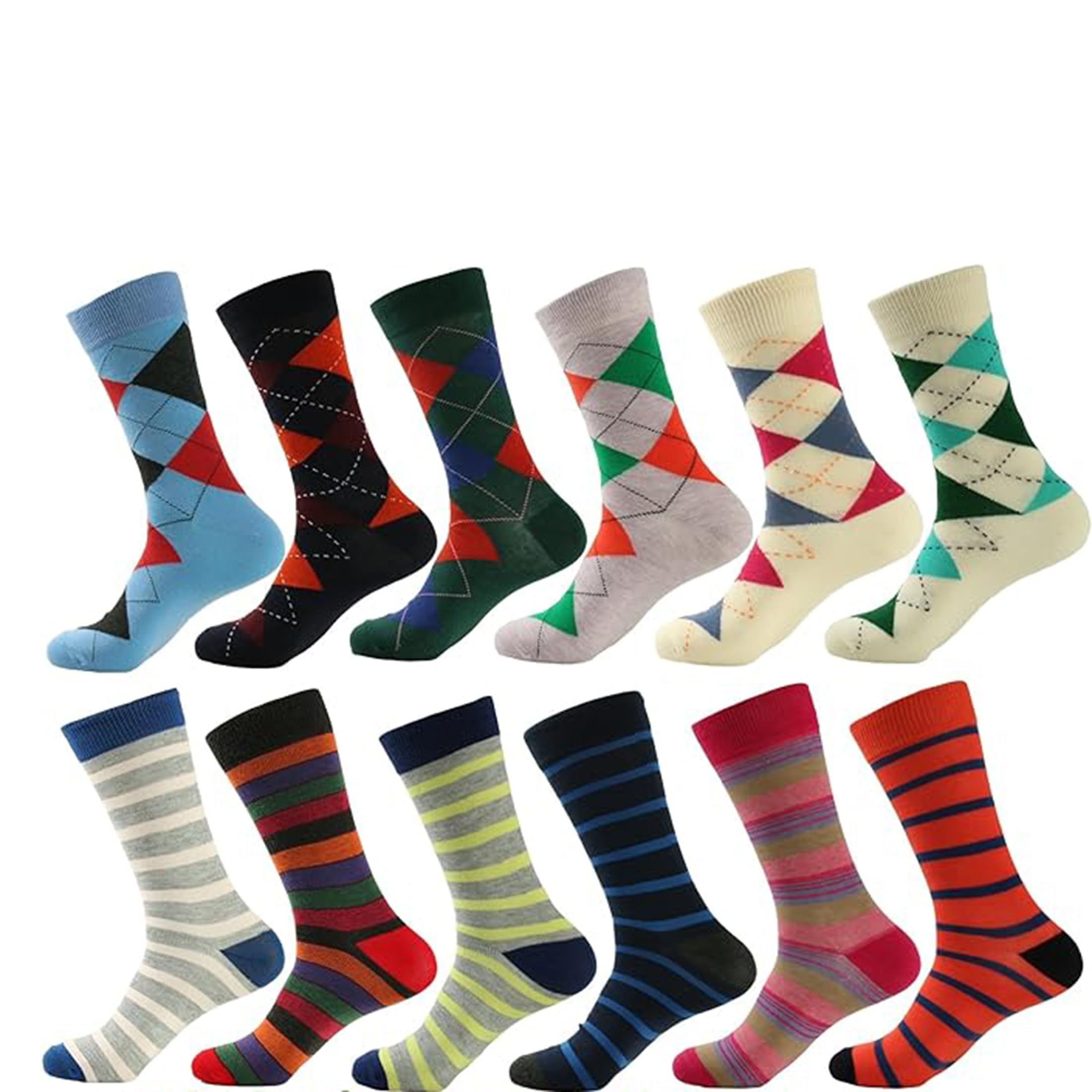 Premium Men's Designer Dress Socks 12-Pack - Classic Argyle & Striped Patterns for Business, Formal & Wedding Occasions - Comfortable & Stylish Office & Dress Socks for Men